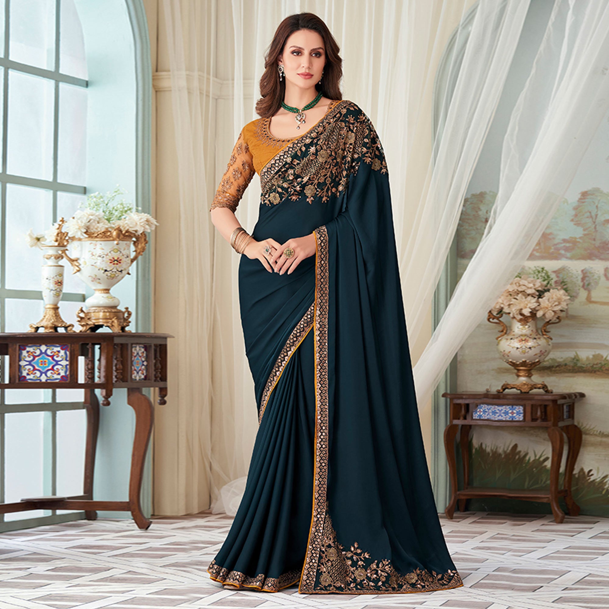 Teal Floral Sequin Embroidered Crepe Saree