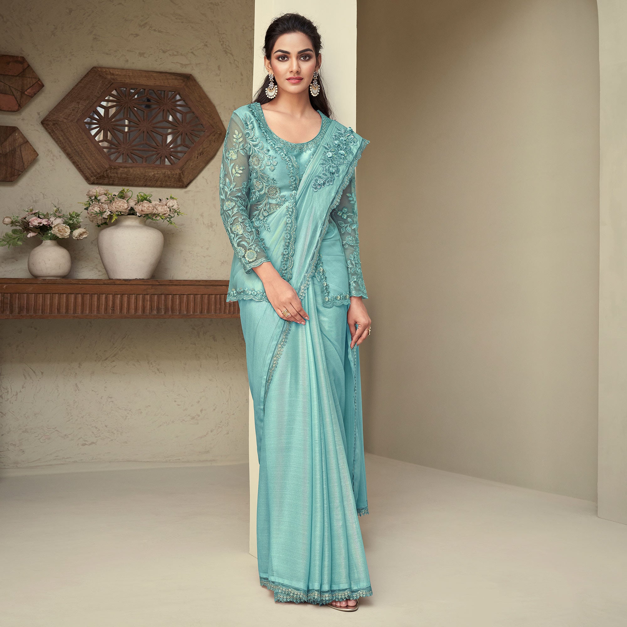 Turquoise Sequins Embroidered Georgette Saree