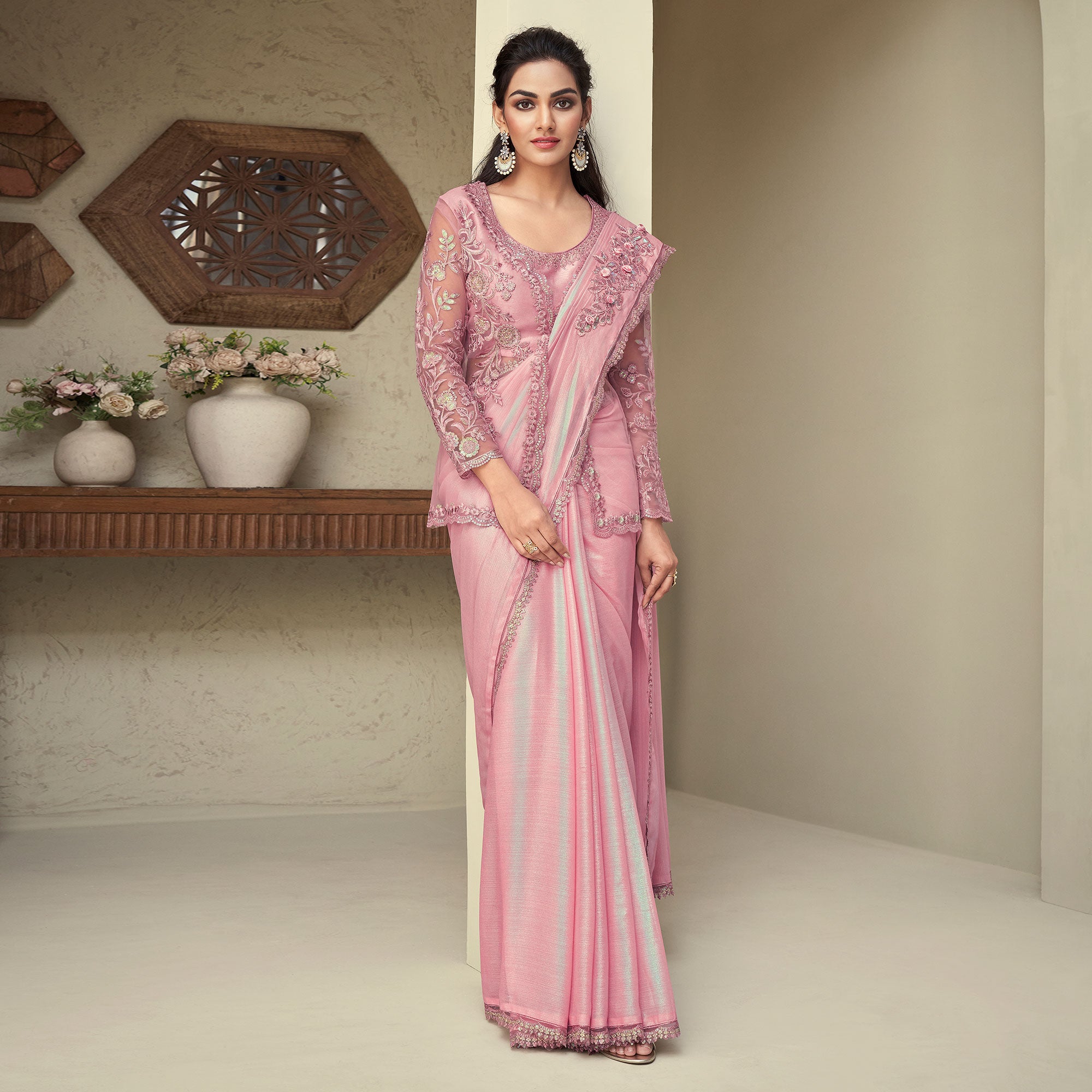 Peach Sequins Embroidered Georgette Saree