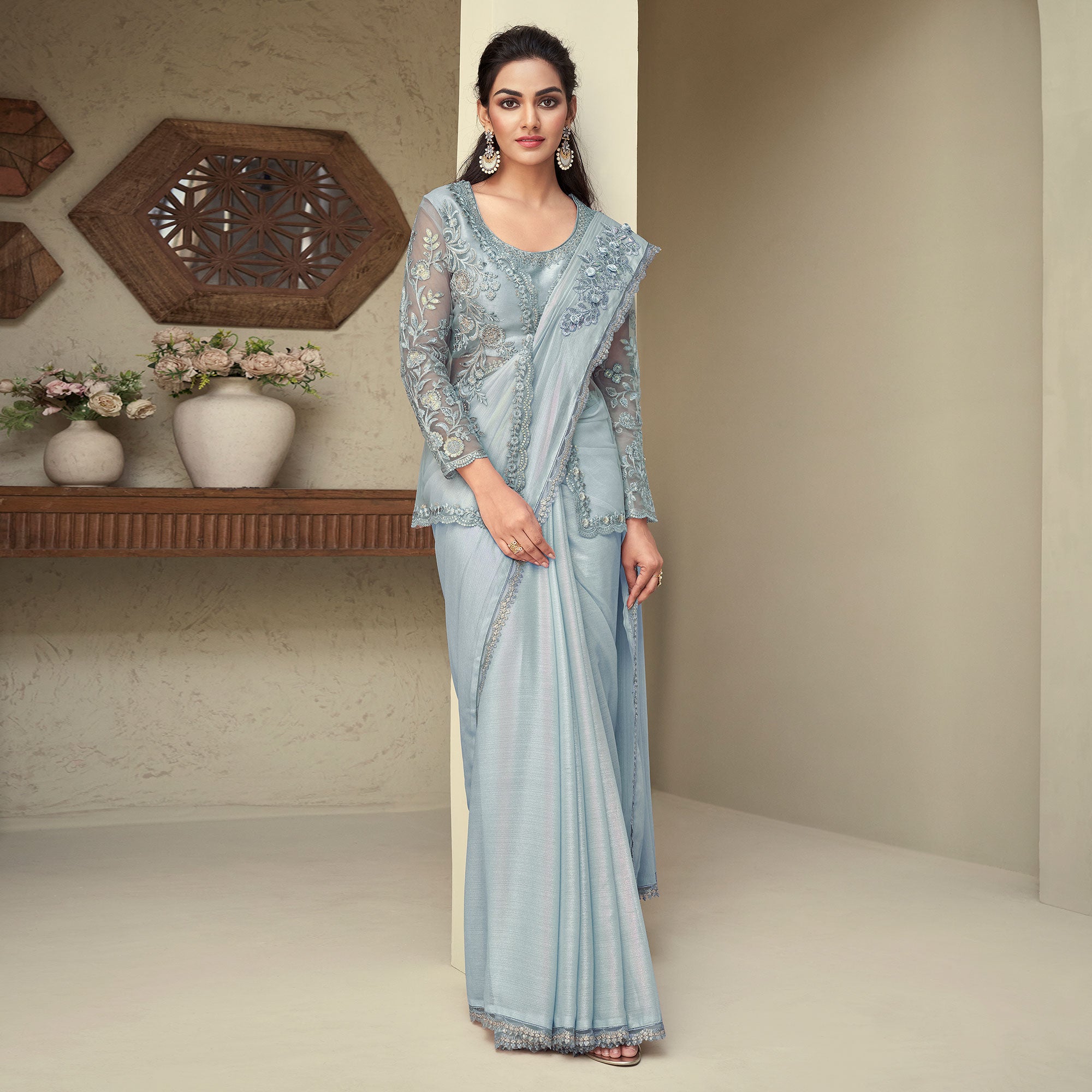 Grey Sequins Embroidered Georgette Saree