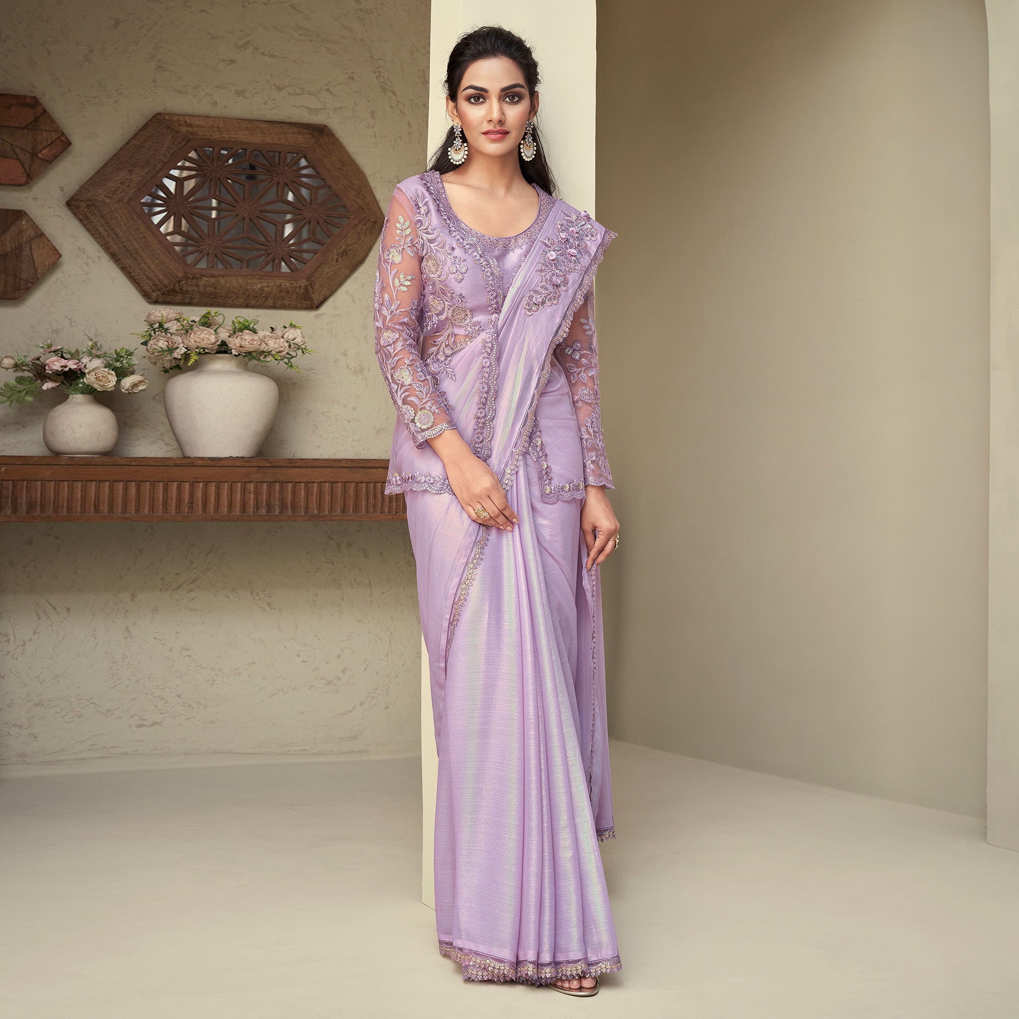 Lavender Sequins Embroidered Georgette Saree