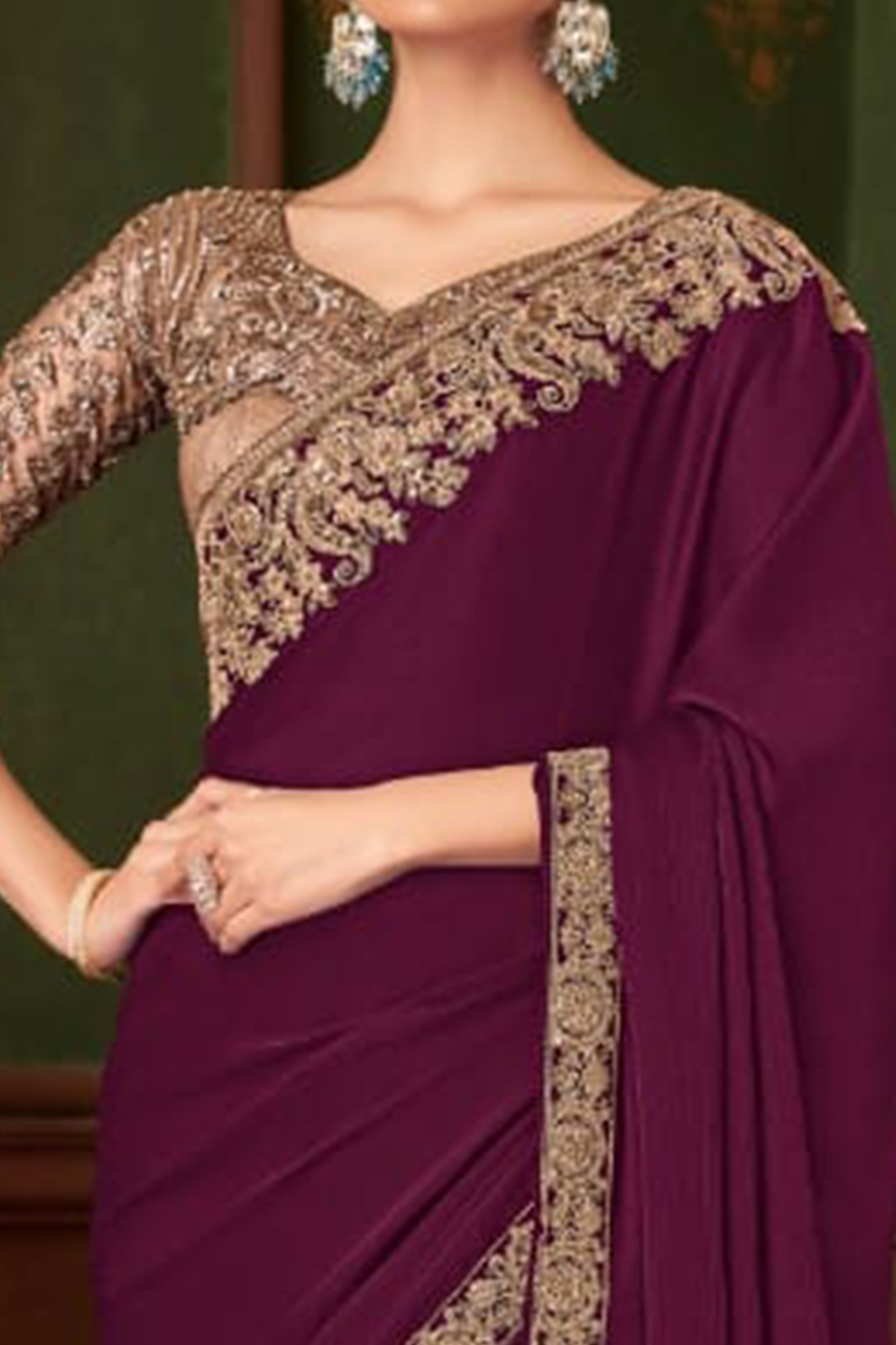 Graceful Purple Chiffon Saree Showcasing Exquisite Floral Thread Embroidery & Sequins Work