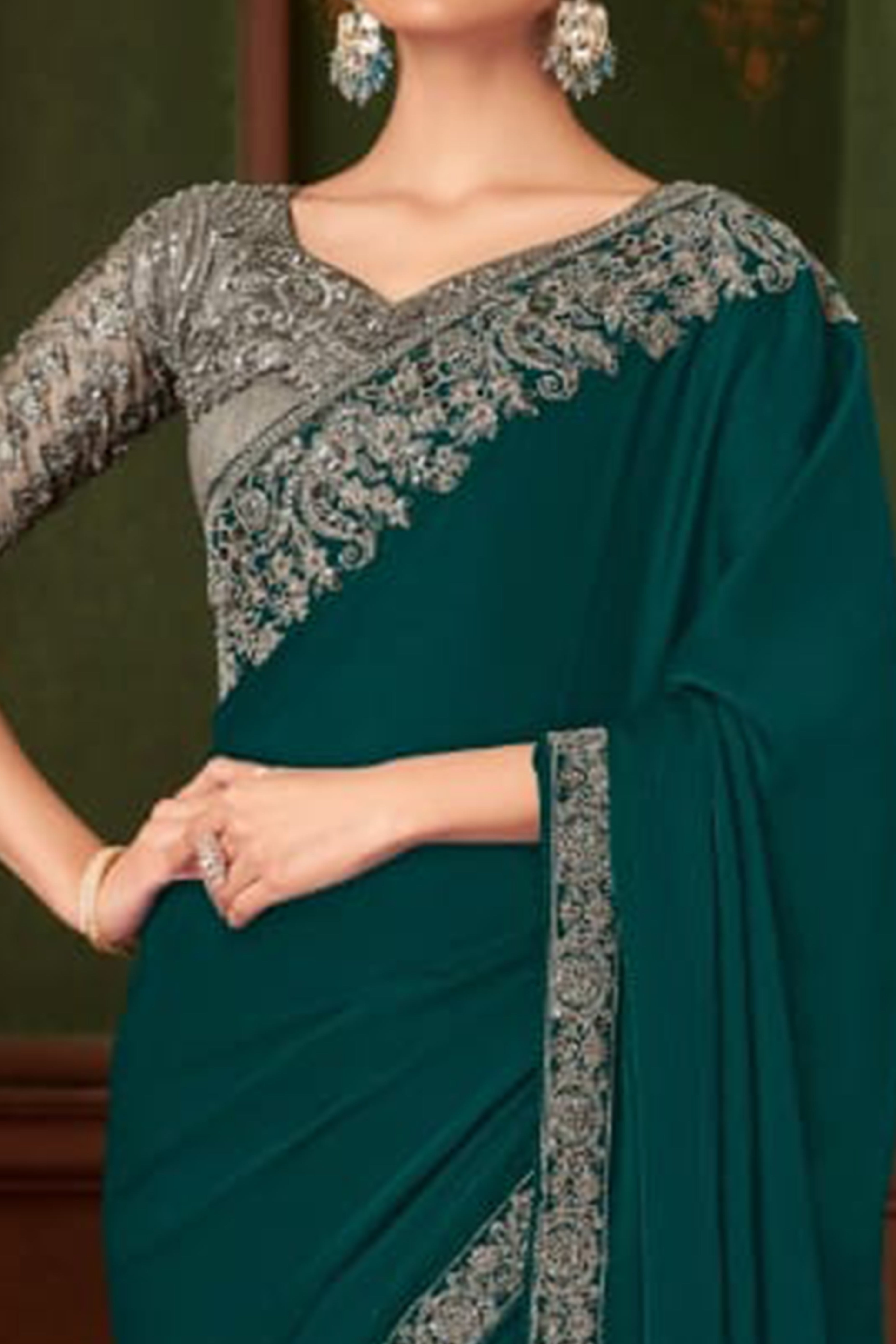 Graceful Dark Teal Green Chiffon Saree Showcasing Exquisite Floral Thread Embroidery & Sequins Work