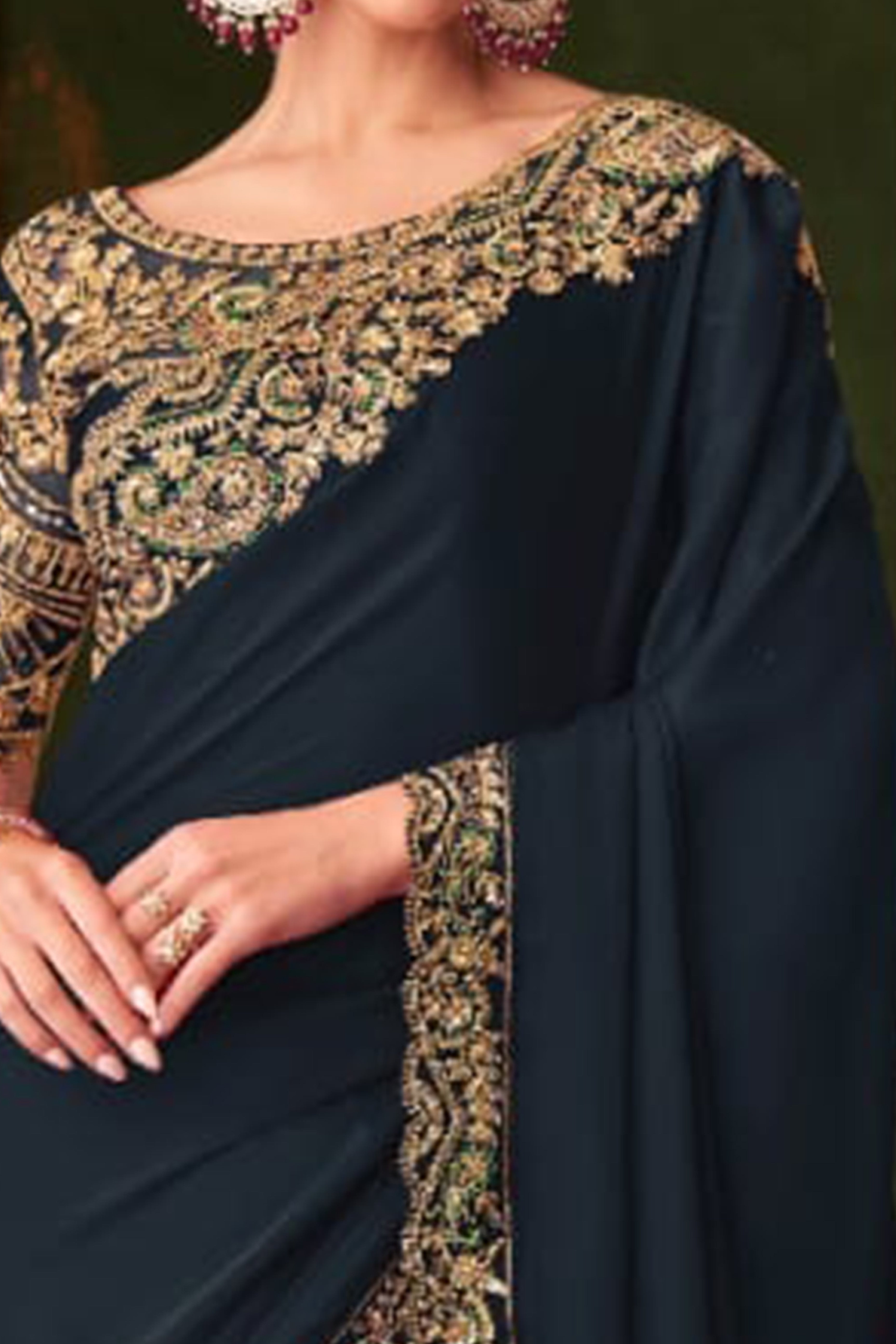 Charming Navy Blue Floral & Paisley Embroidered Chiffon Saree With Sparkling Sequins Detailing