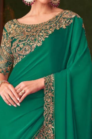 Charming Green Floral & Paisley Embroidered Chiffon Saree With Sparkling Sequins Detailing