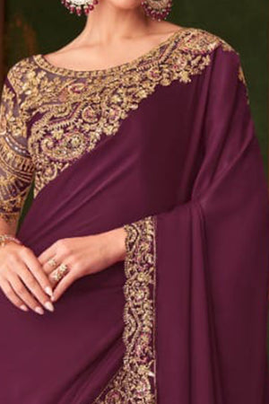 Charming Wine Floral & Paisley Embroidered Chiffon Saree With Sparkling Sequins Detailing