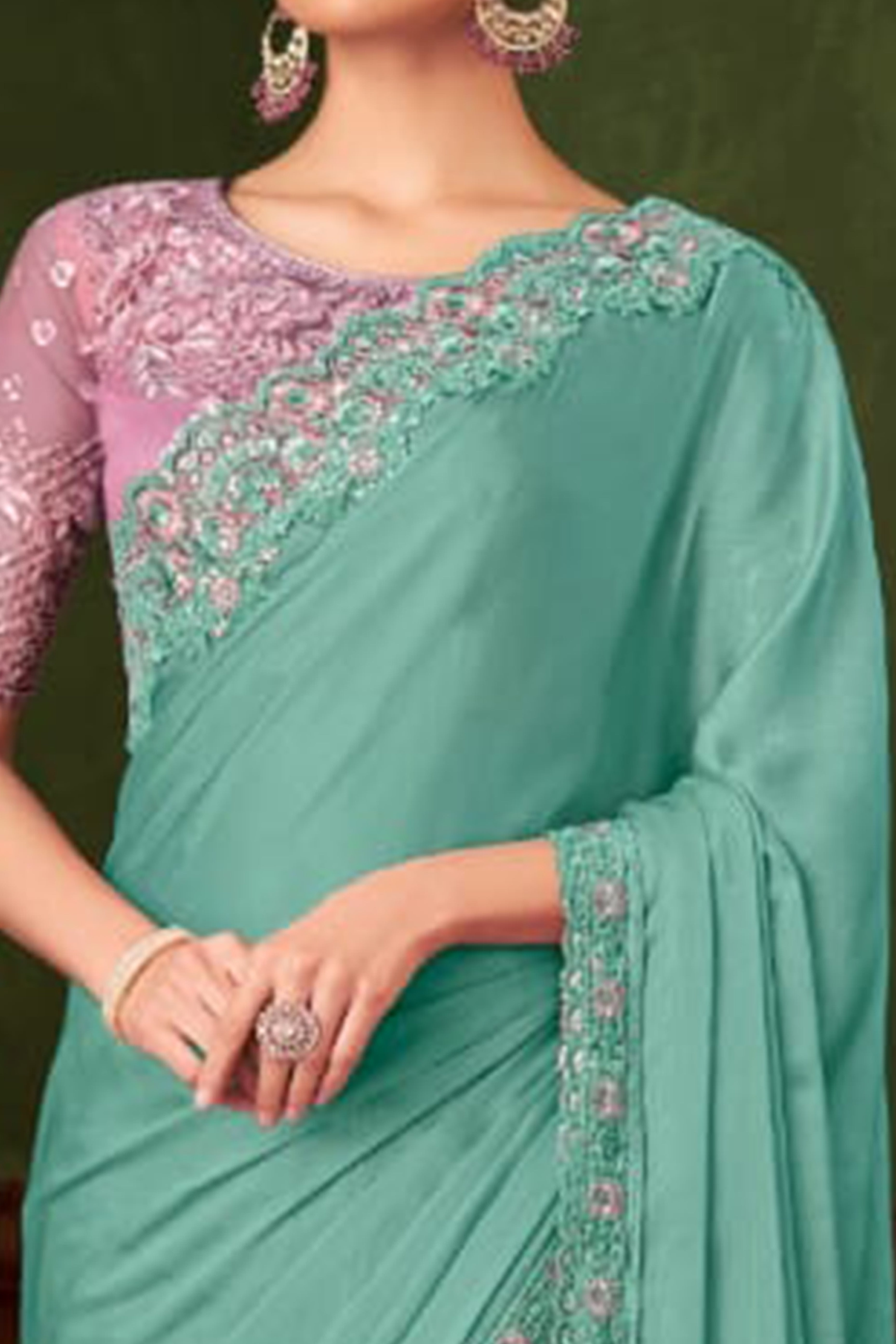 Elegant Turquoise Floral Thread Embroidered Chiffon Saree Featuring Sequins Accents