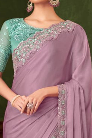 Elegant Mauve Floral Thread Embroidered Chiffon Saree Featuring Sequins Accents