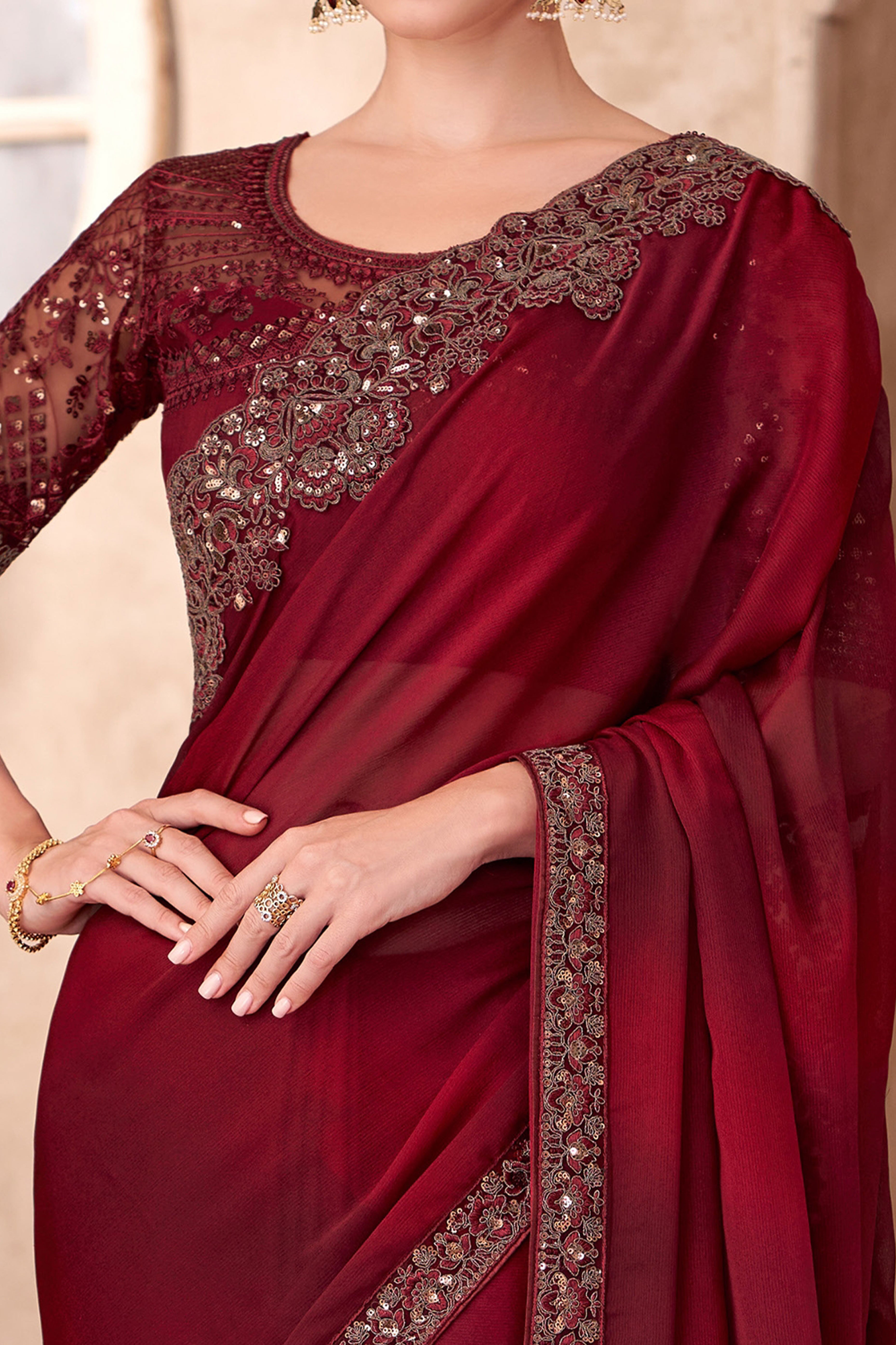 Party Perfect Maroon Chiffon Saree with Shimmering Sequin and Thread Embroidery