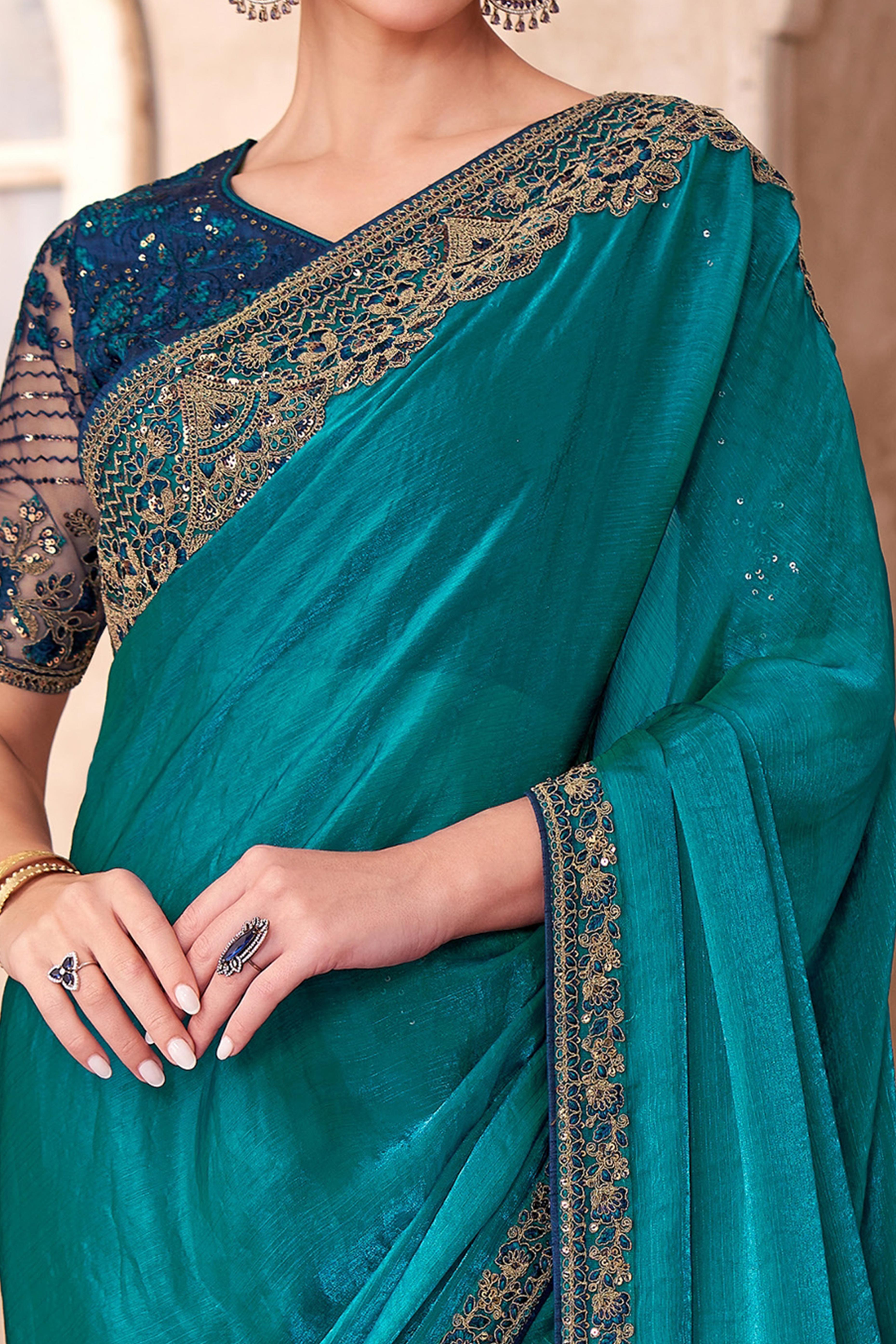 Party Perfect Teal Georgette Saree with Shimmering Sequin and Thread Embroidery