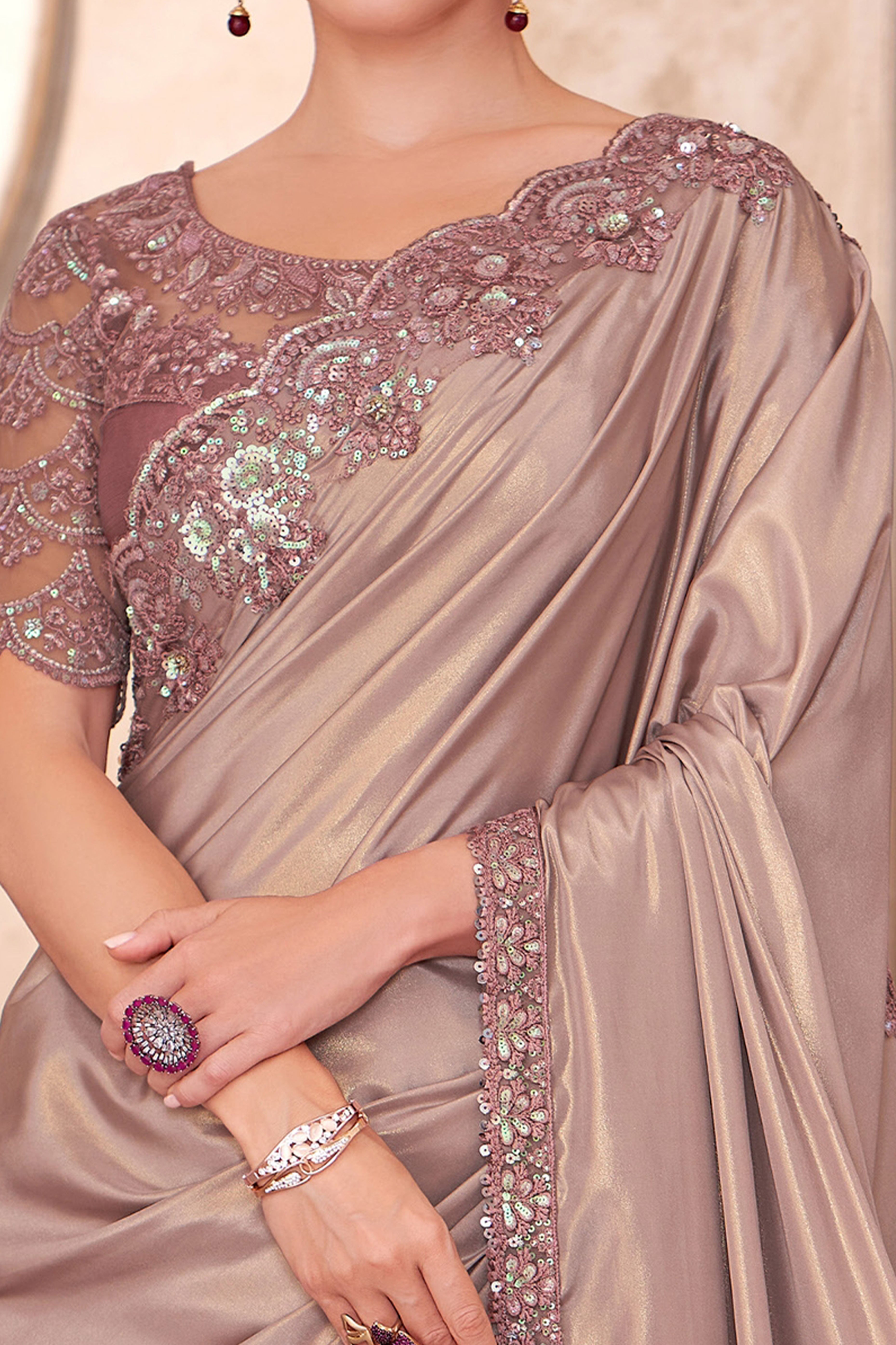 Party Perfect Pinkish Beige Crepe Saree with Shimmering Sequin and Thread Embroidery