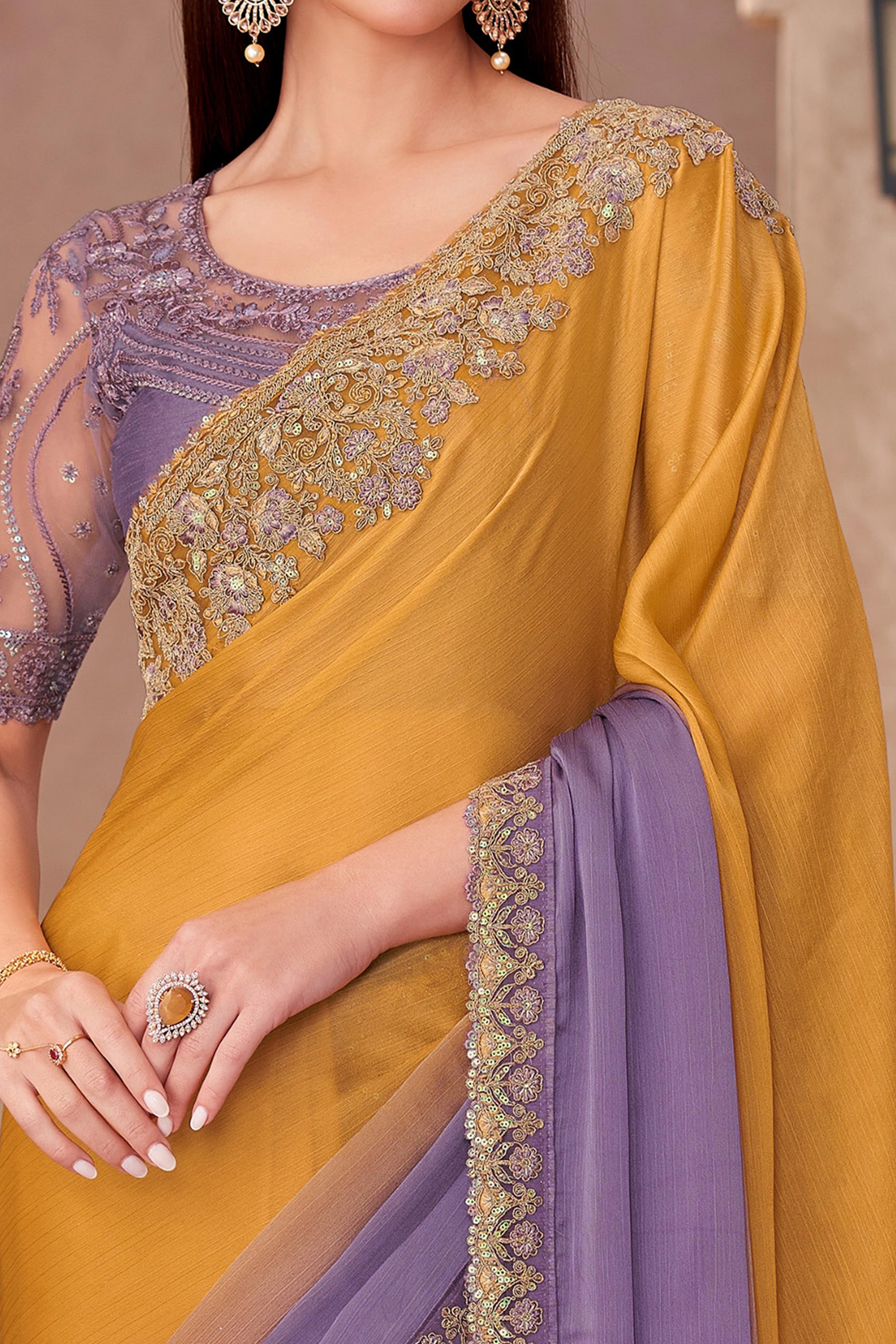 Party Perfect Mustard & Lavender Chiffon Saree with Shimmering Sequin and Thread Embroidery