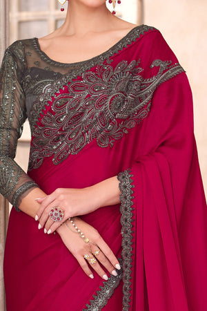 Party Perfect Rose Pink Chiffon Saree with Shimmering Sequin and Thread Embroidery