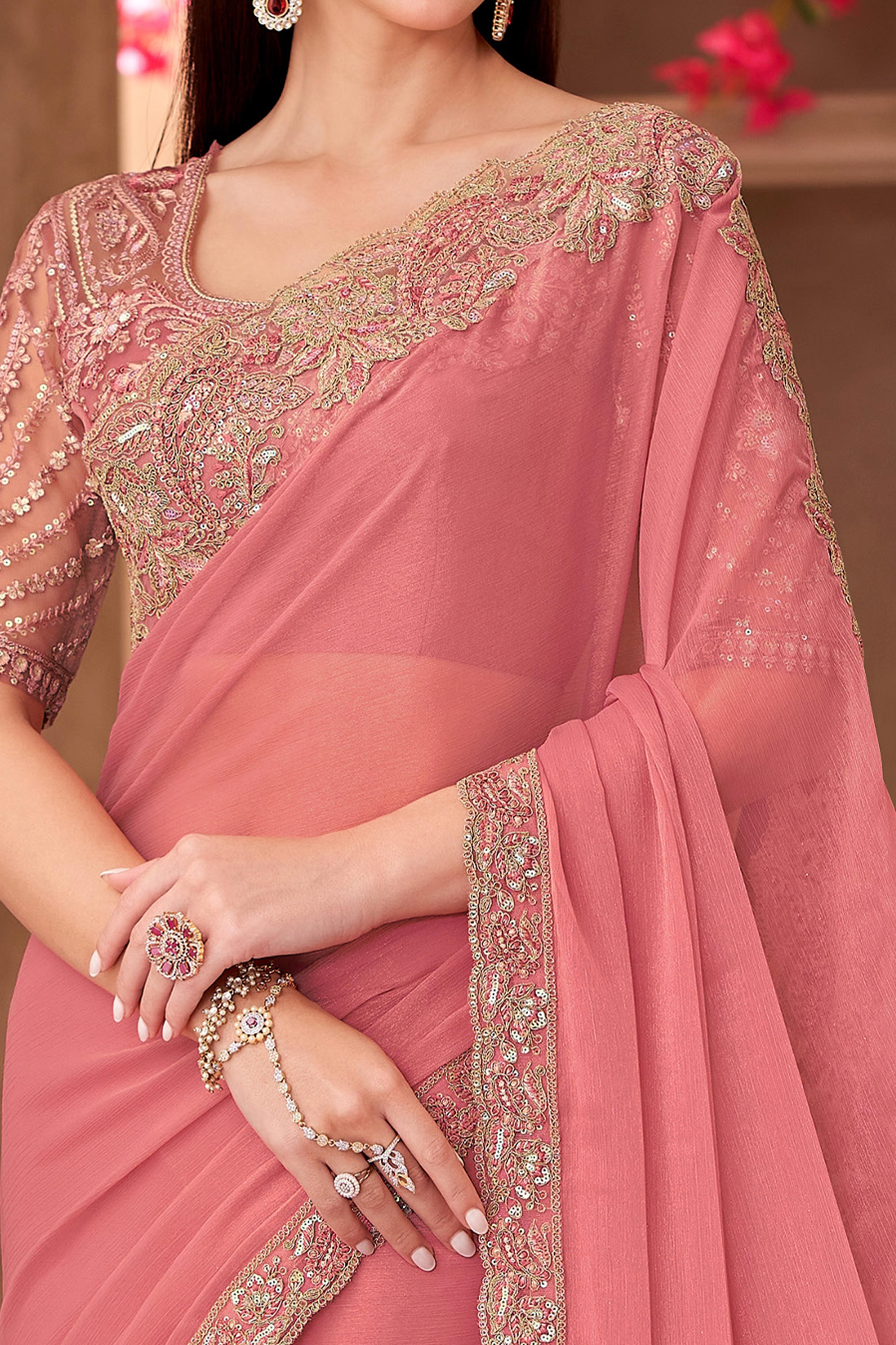 Party Perfect Peach Georgette Saree with Shimmering Sequin and Thread Embroidery