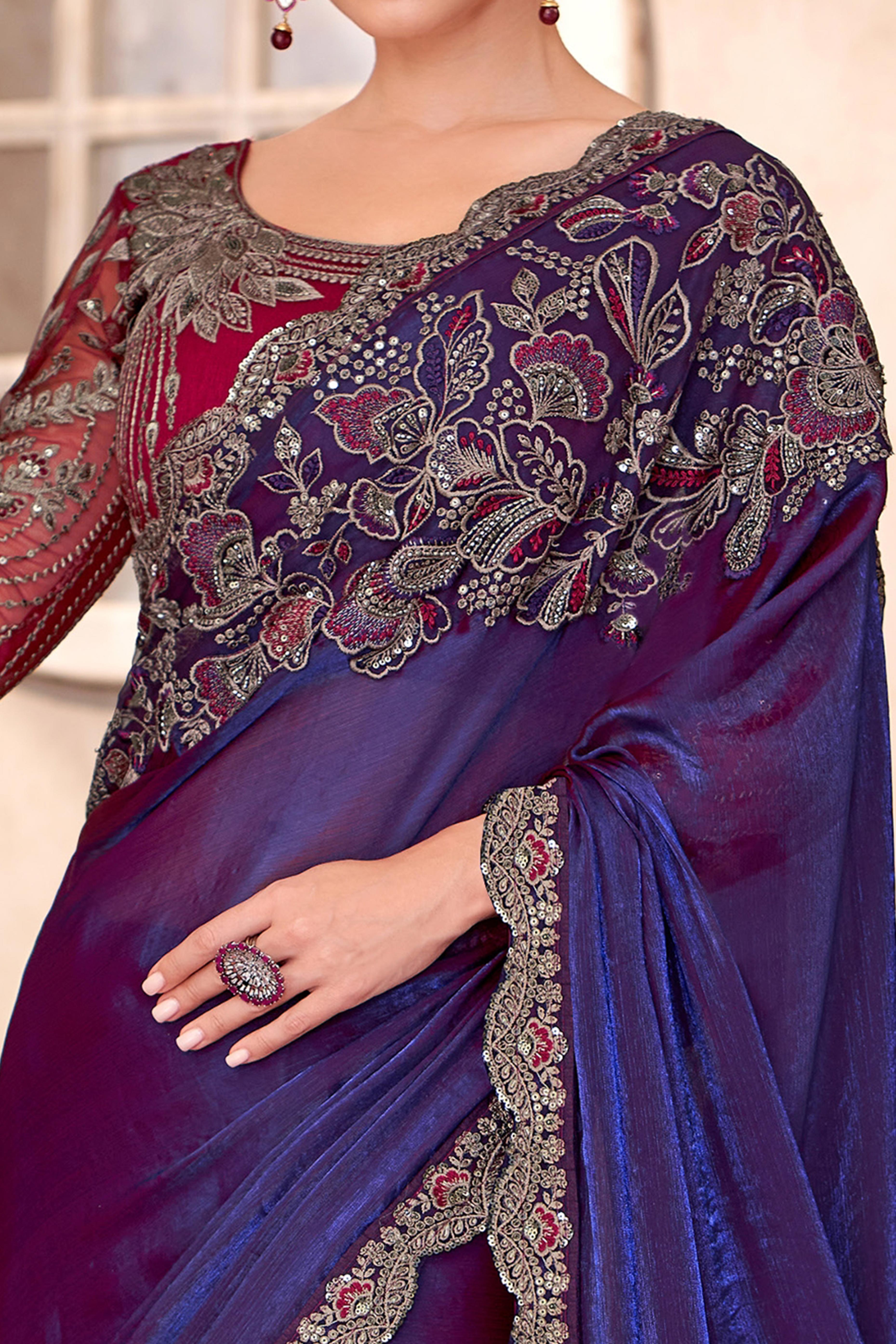 Party Perfect Violet Georgette Saree with Shimmering Sequin and Thread Embroidery