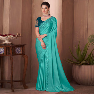 Turquoise Embroidered Satin Saree