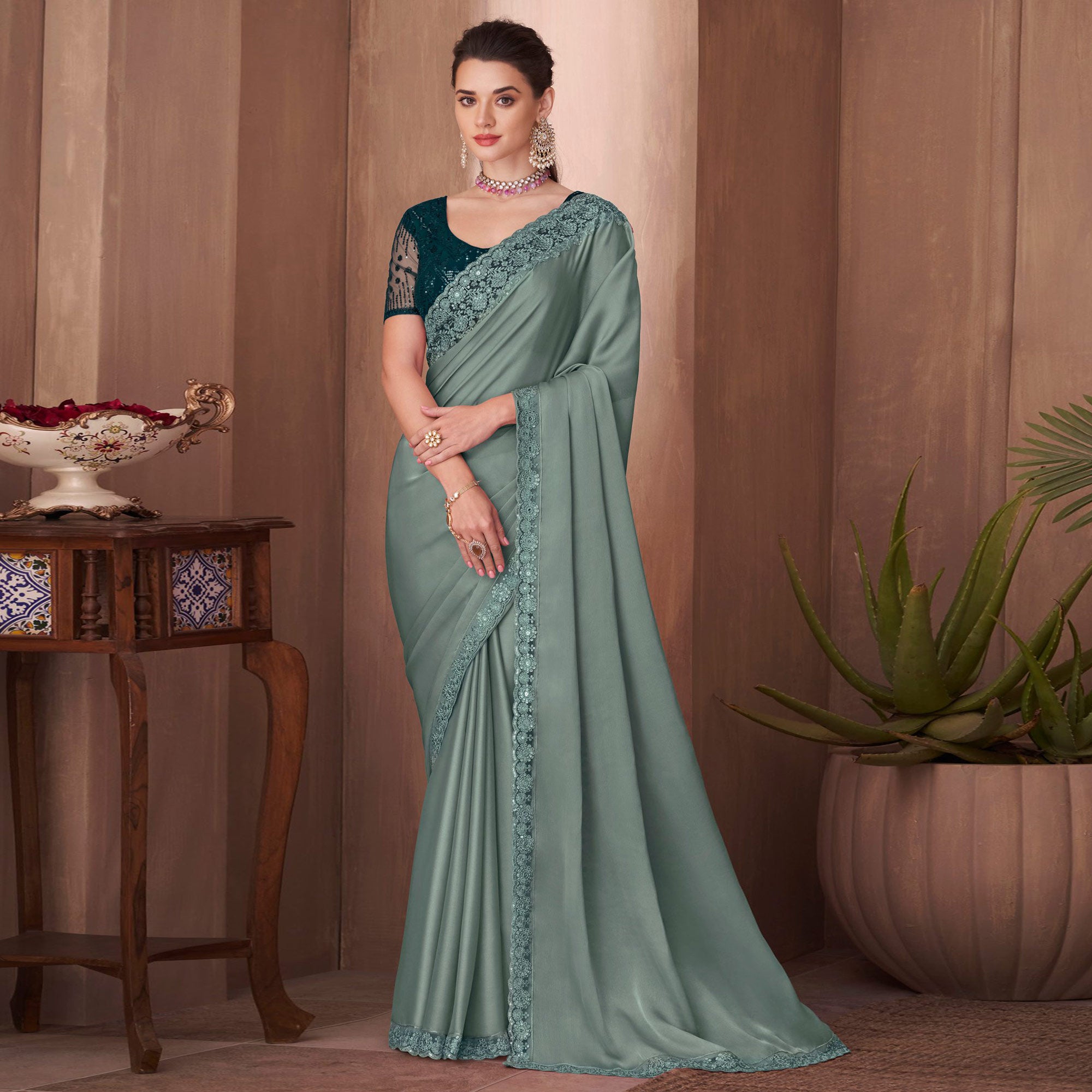 Teal Grey Embroidered Satin Saree