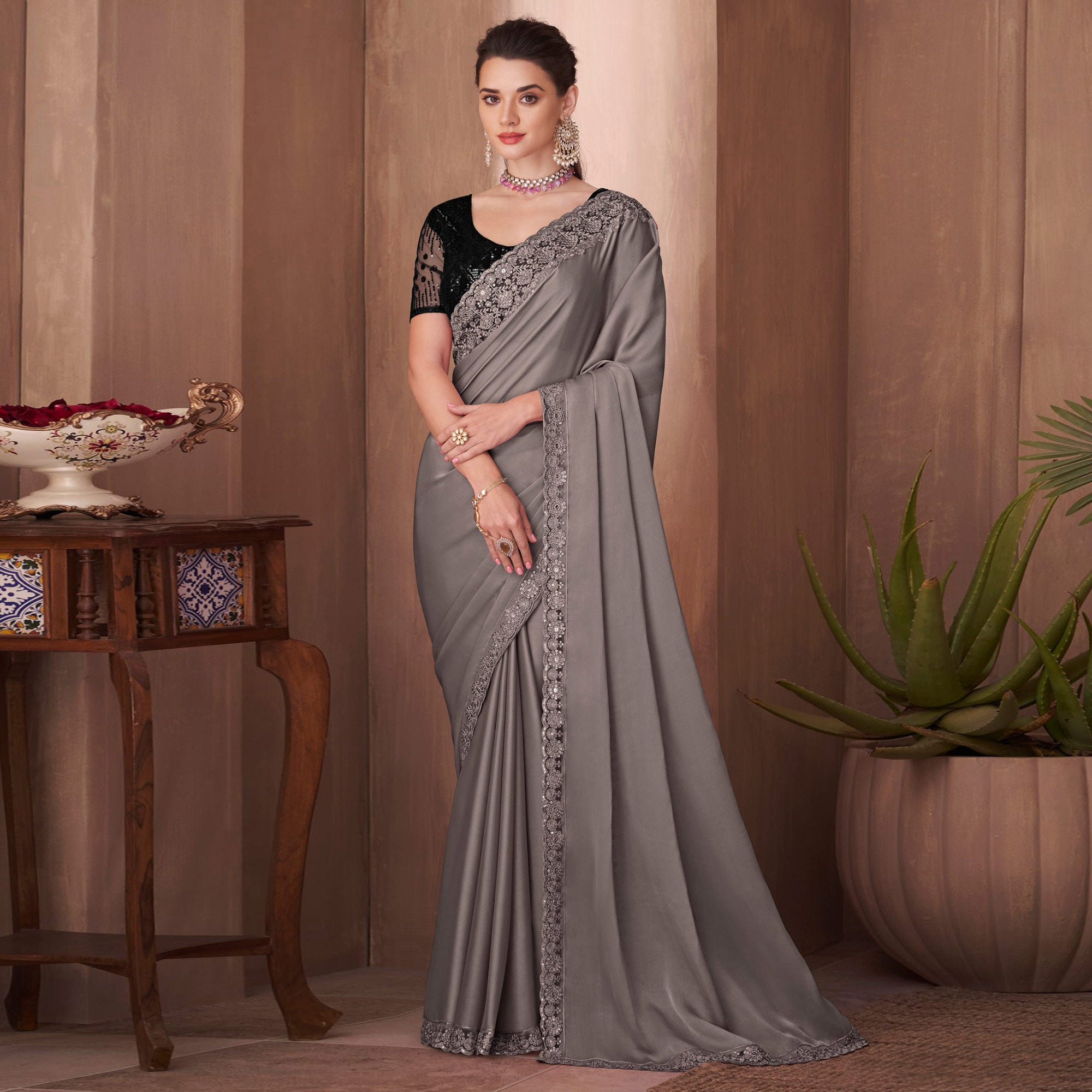 Grey Embroidered Satin Saree