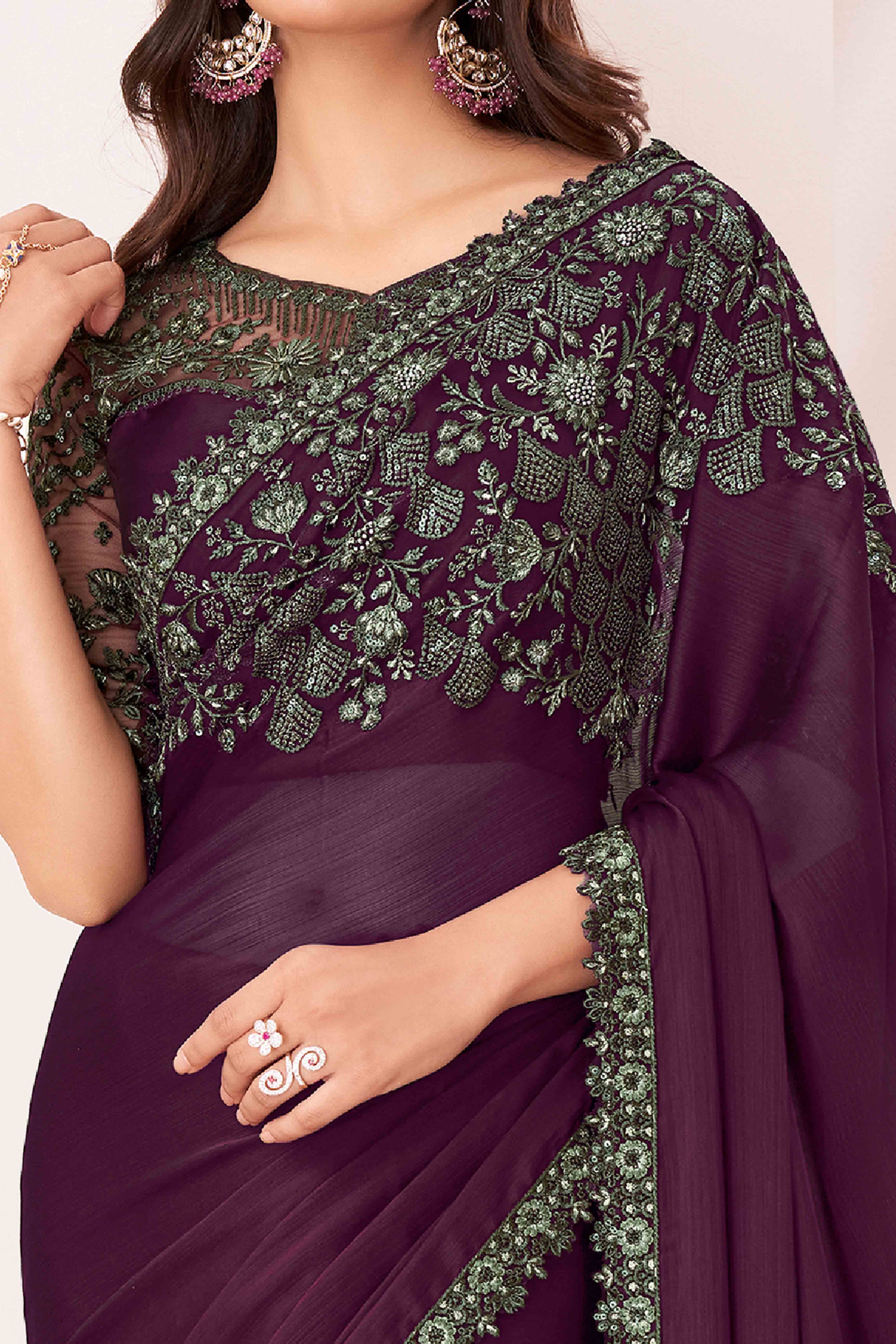 Wine Sequins Embroidered Satin Saree