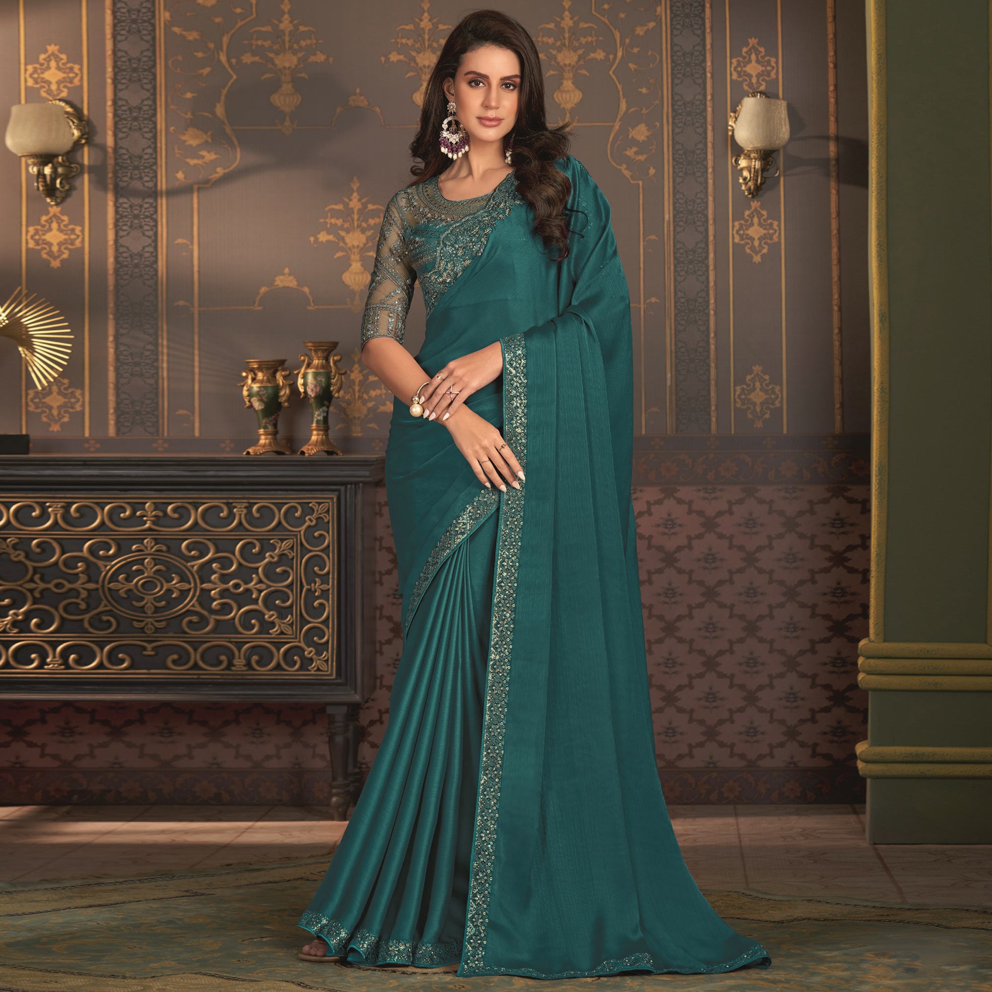 Teal Embroidered Designer Satin Saree