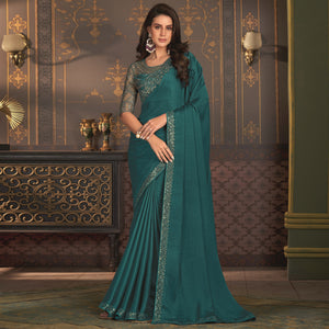 Teal Embroidered Designer Satin Saree