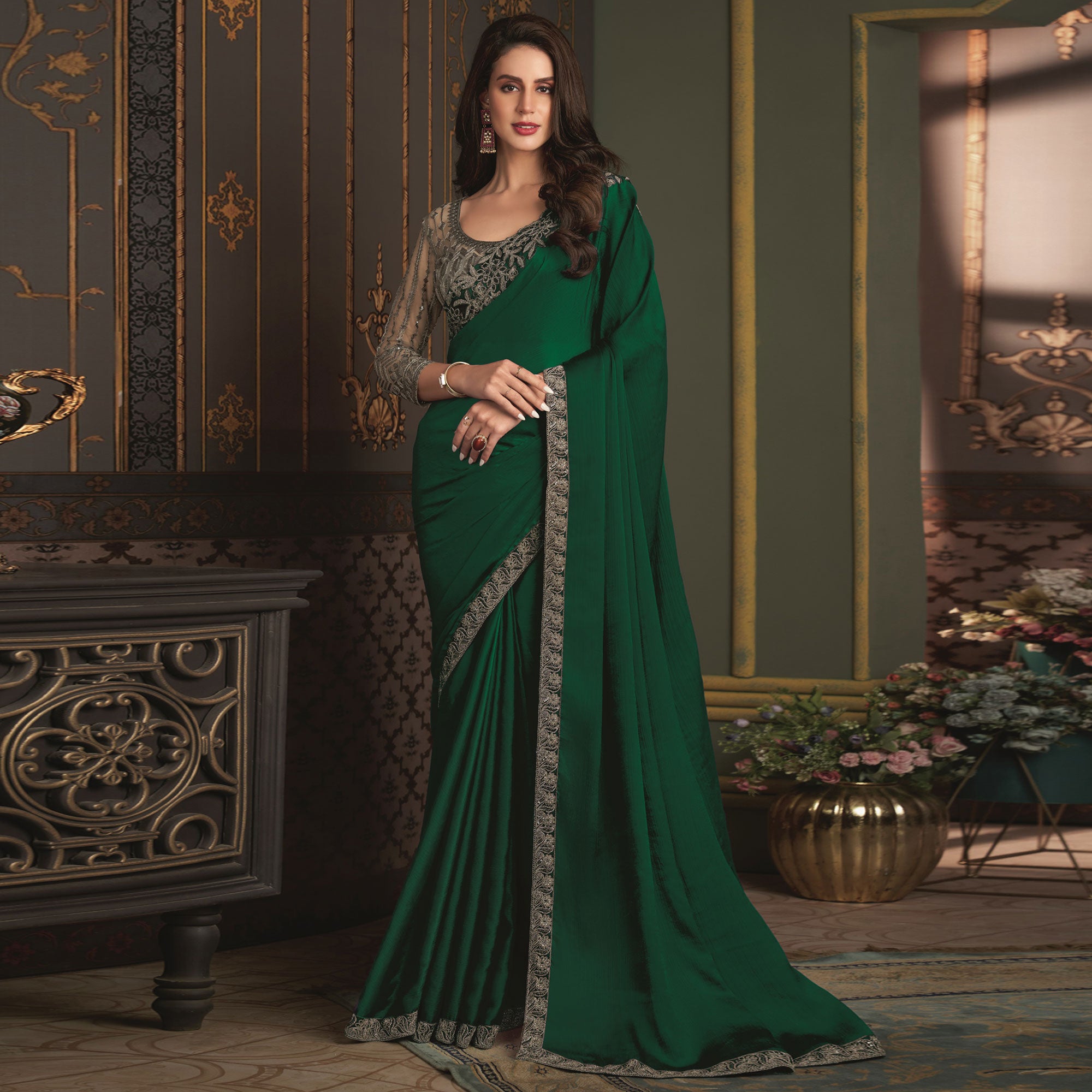 Green Embroidered Designer Satin Saree