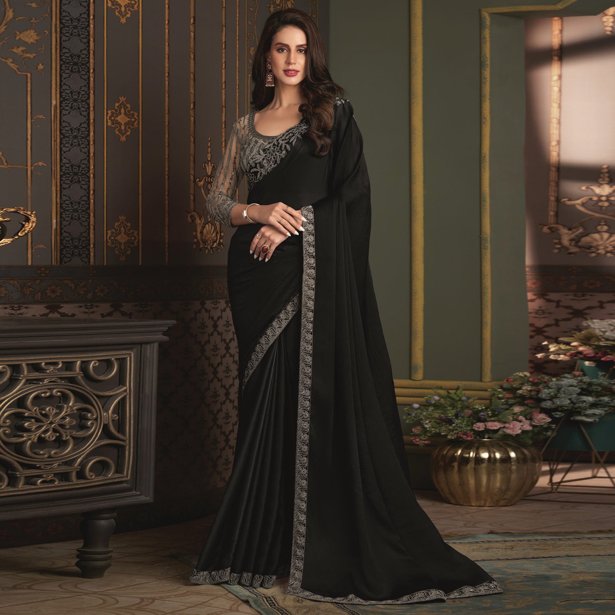 Black Embroidered Designer Satin Saree