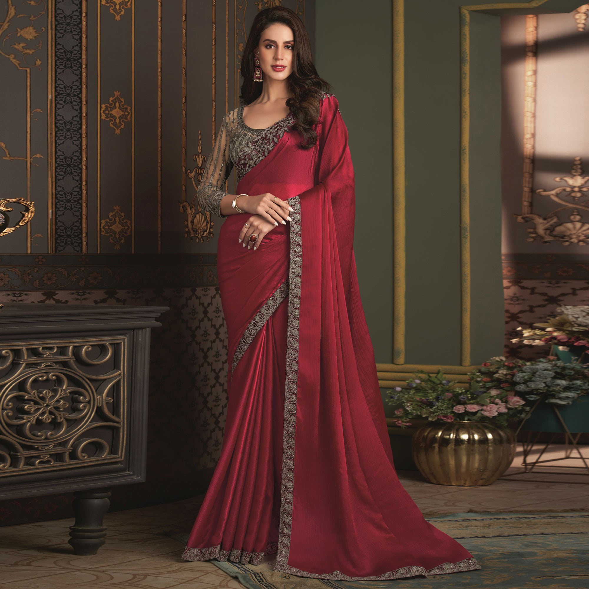 Red Embroidered Designer Satin Saree