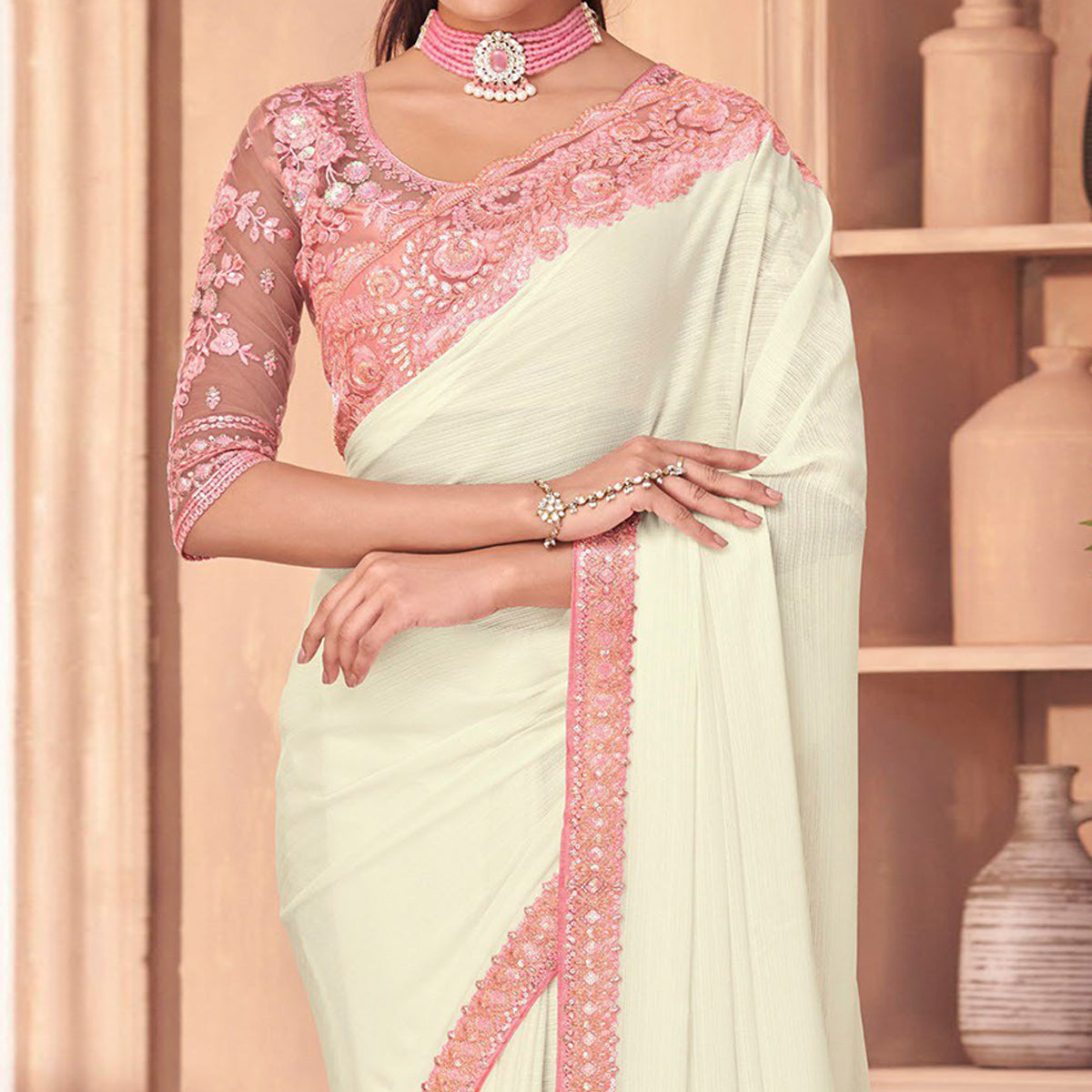 Off White Floral Embroidered Georgette Saree