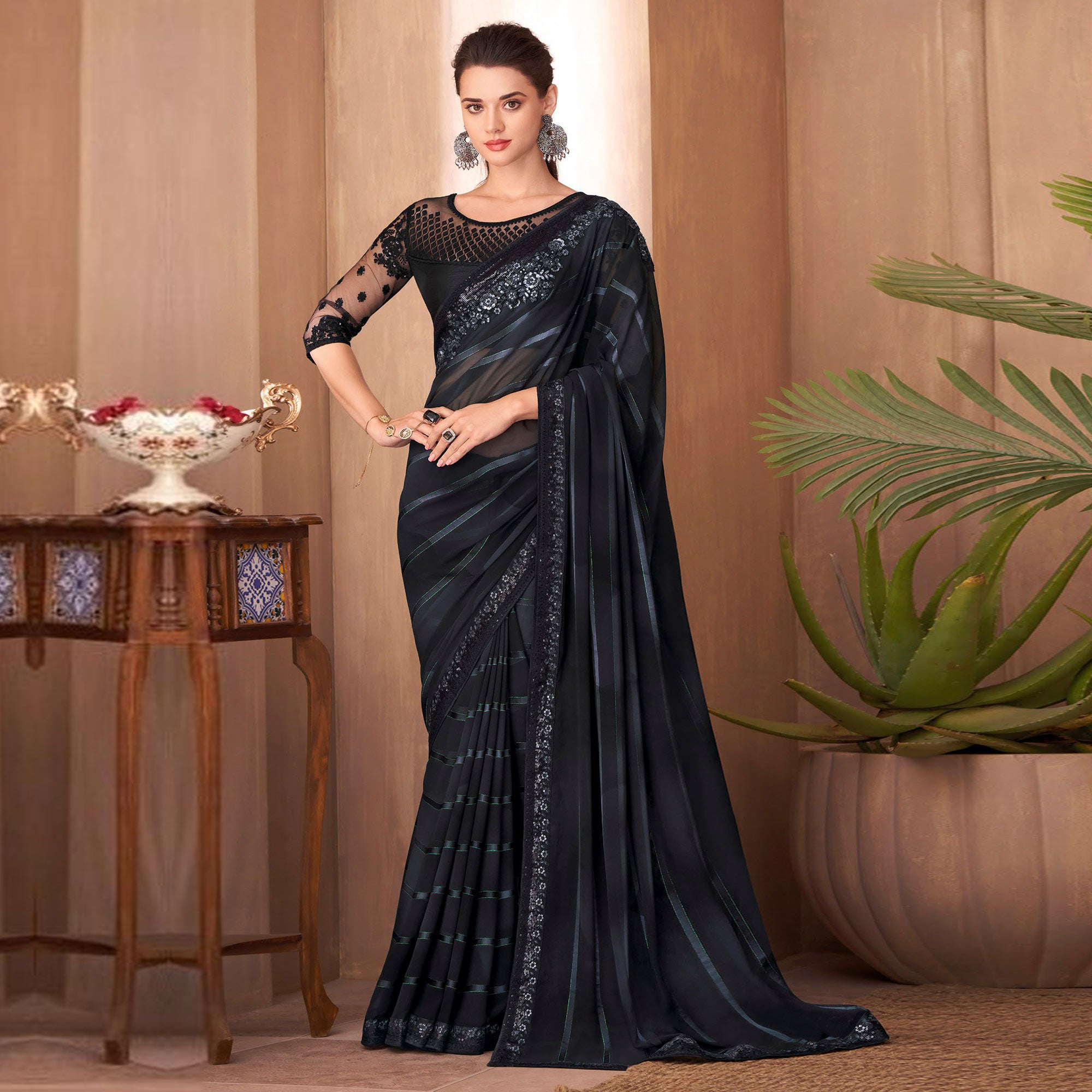 Black Floral Embroidered Georgette Saree