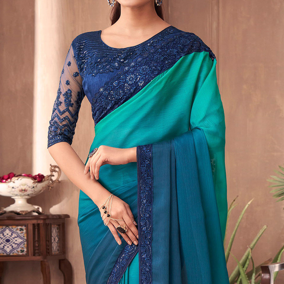 Peacock Green Floral Embroidered Georgette Saree