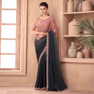 Grey & Pink Floral Embroidered Georgette Saree