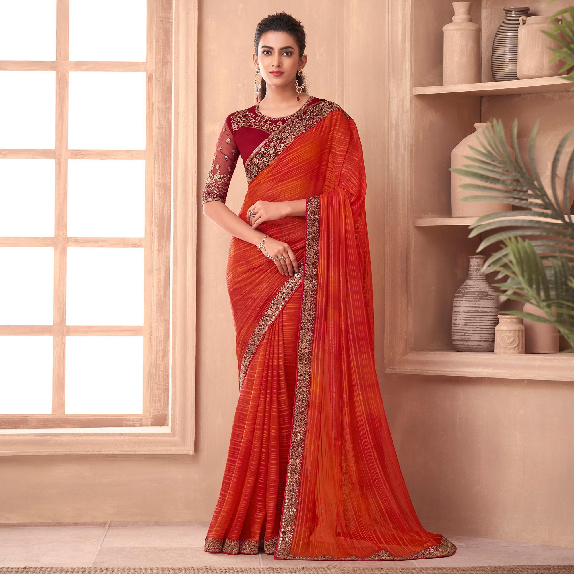 Orange Floral Embroidered Georgette Saree