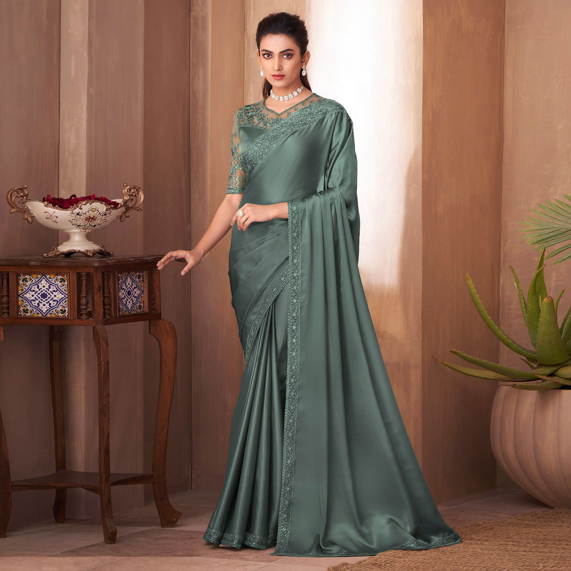 Teal Grey Floral Embroidered Georgette Saree