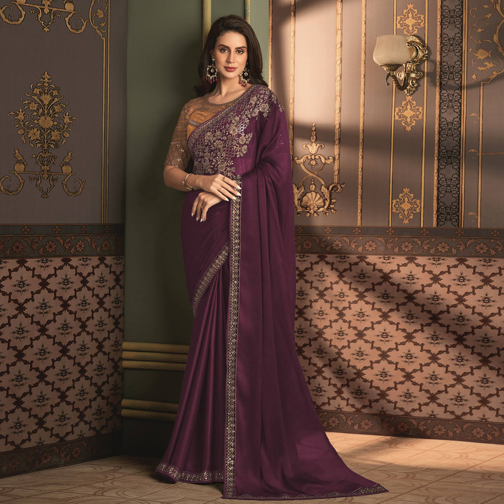 Purple Floral Sequins Embroidered Satin Saree