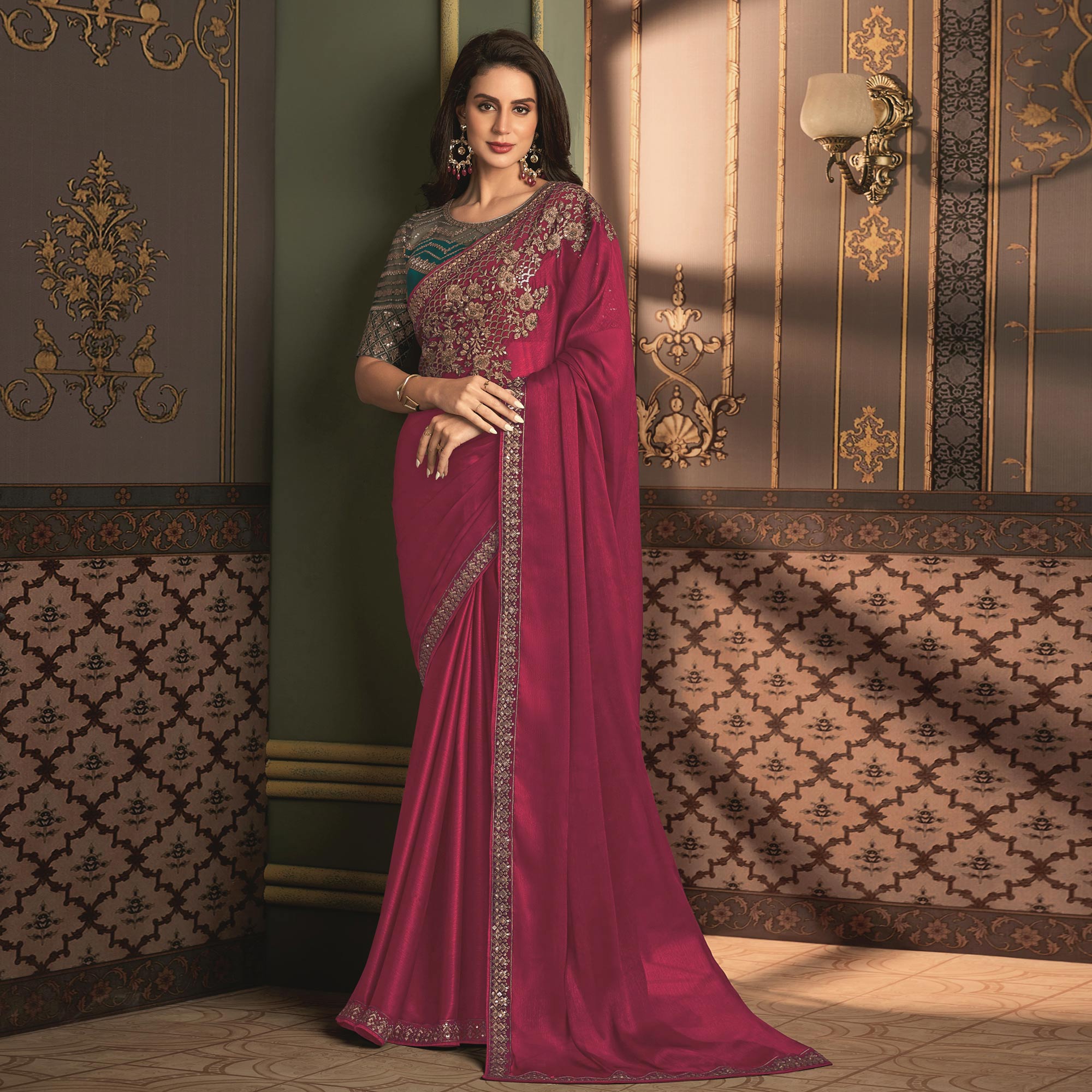 Pink Floral Sequins Embroidered Satin Saree