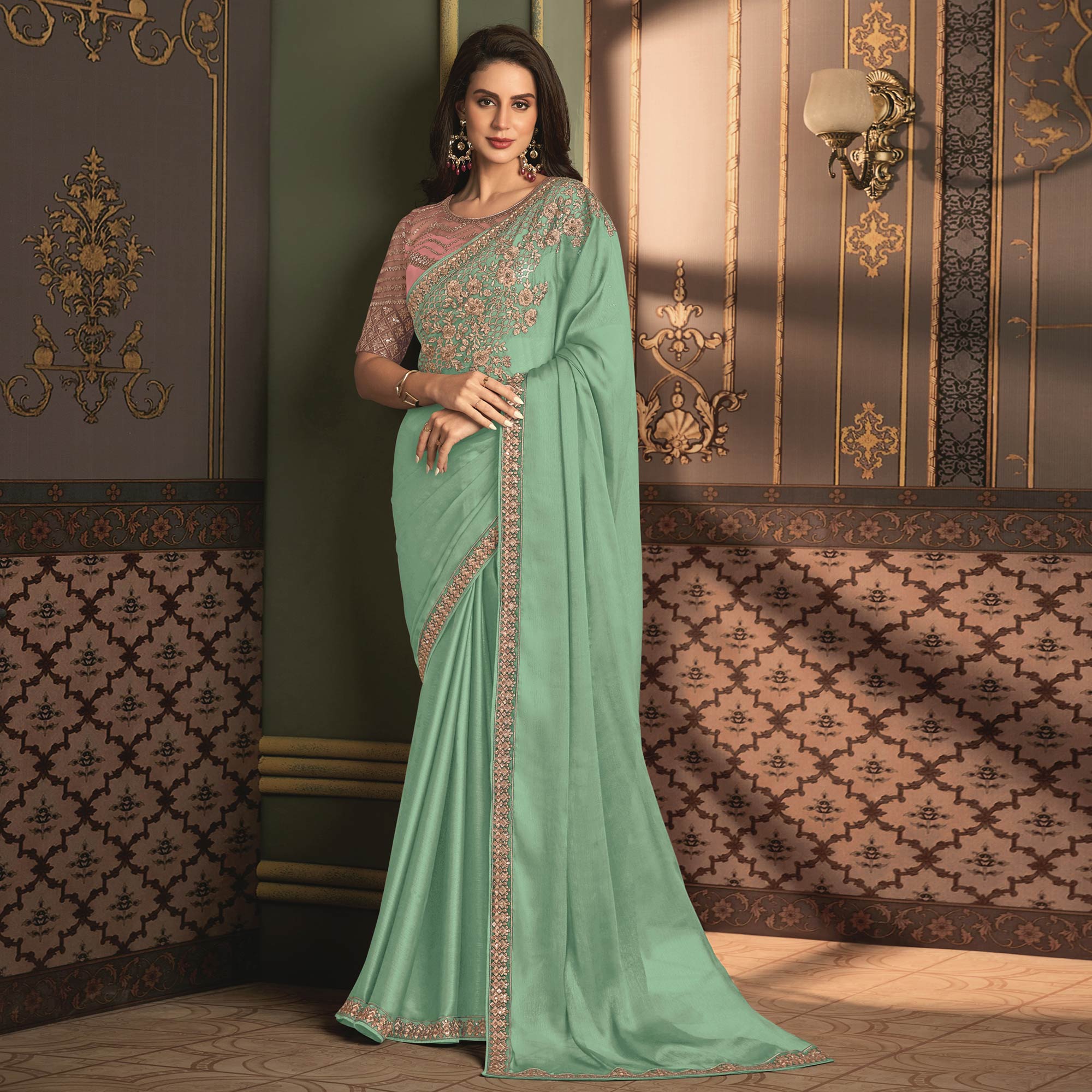 Sea Green Floral Sequins Embroidered Satin Saree