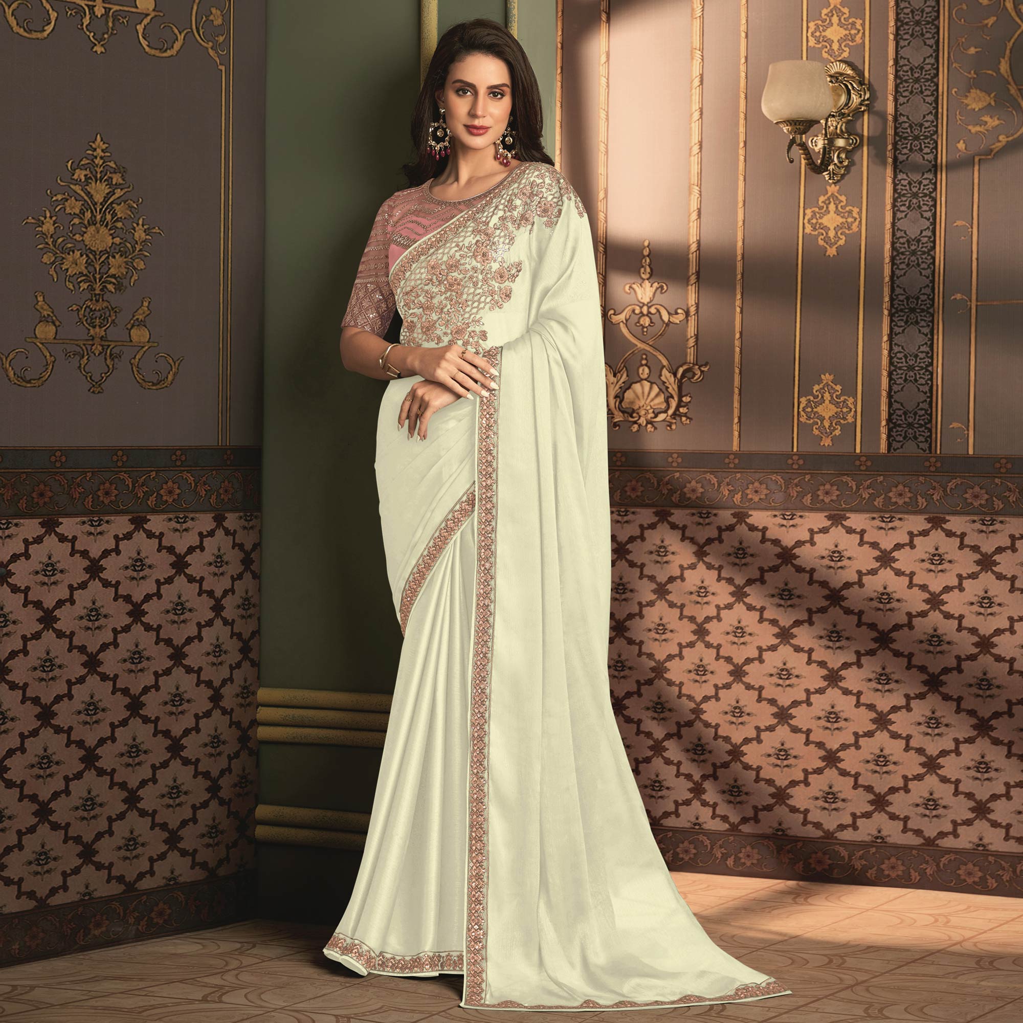 Offwhite Floral Sequins Embroidered Satin Saree