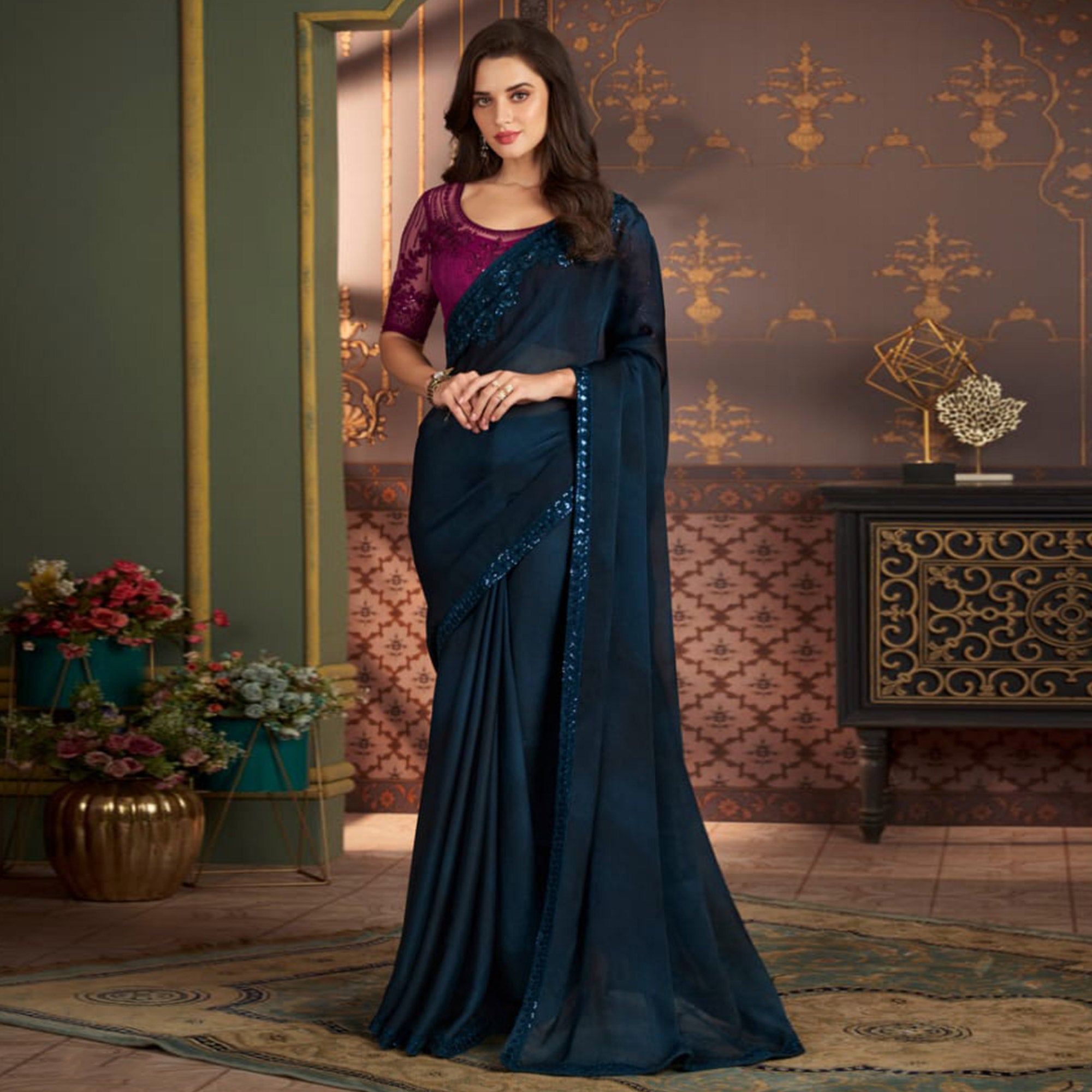 Teal Blue Embroidered Satin Saree