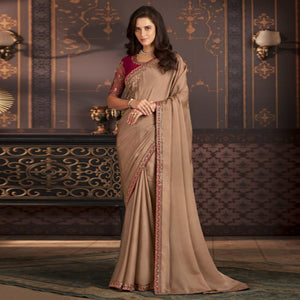 Beige Embroidered Satin Saree