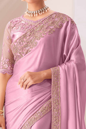 Pink Floral Sequins Embroidered Chiffon Saree
