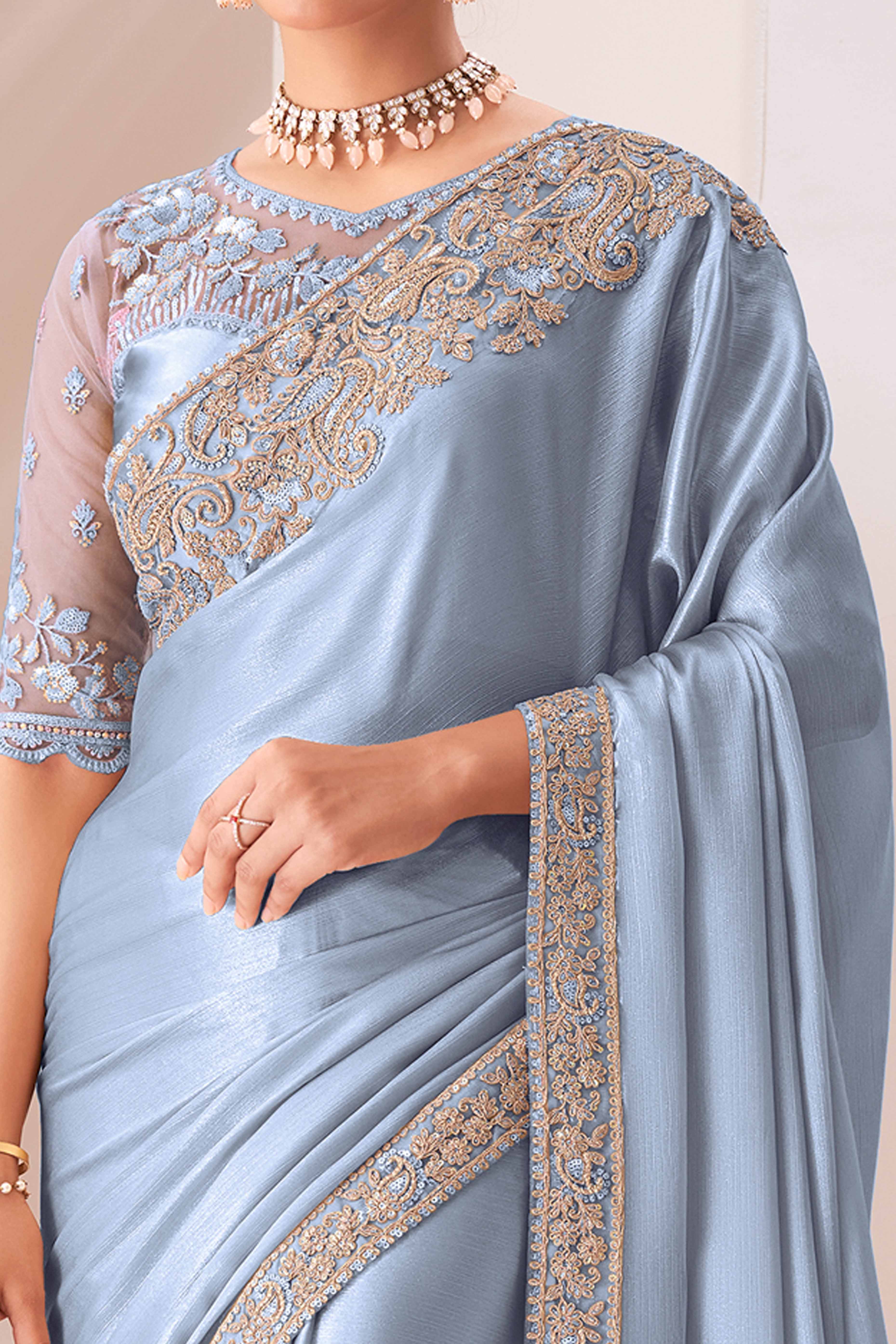 Grey Floral Sequins Embroidered Chiffon Saree