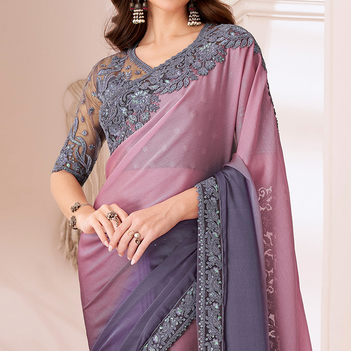 Pink & Lavender Embroidered Chiffon Saree