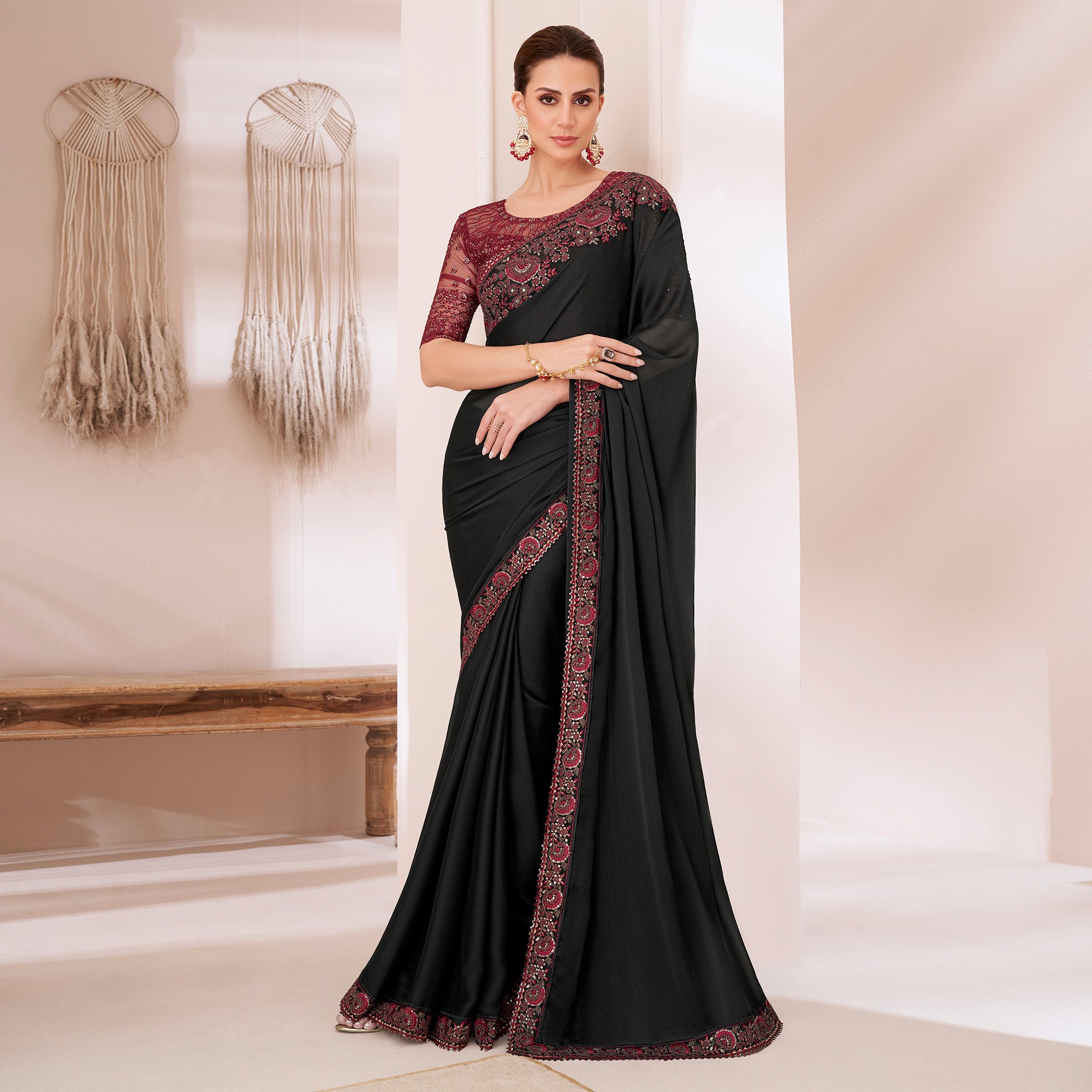 Black Embroidered Chiffon Saree