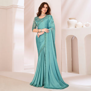 Light Turquoise Embroidered Georgette Saree