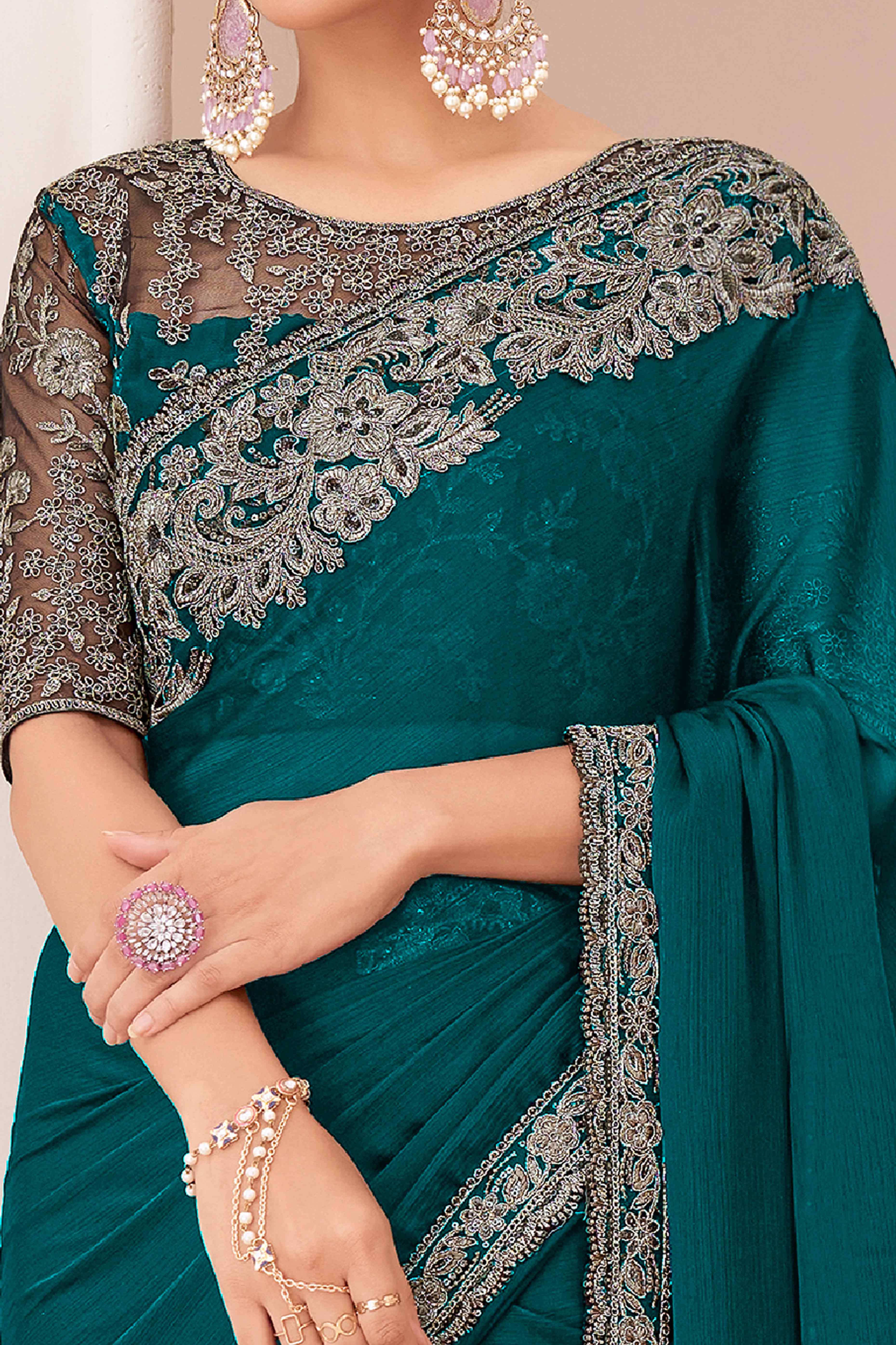 Green Floral Sequins Embroidered Georgette Saree