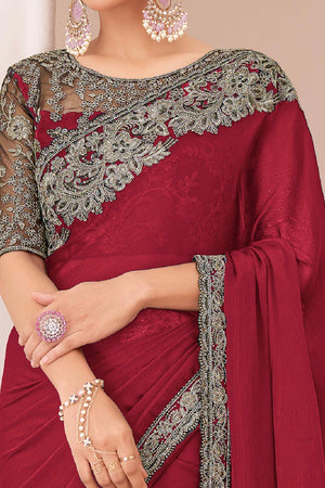 Red Floral Sequins Embroidered Georgette Saree