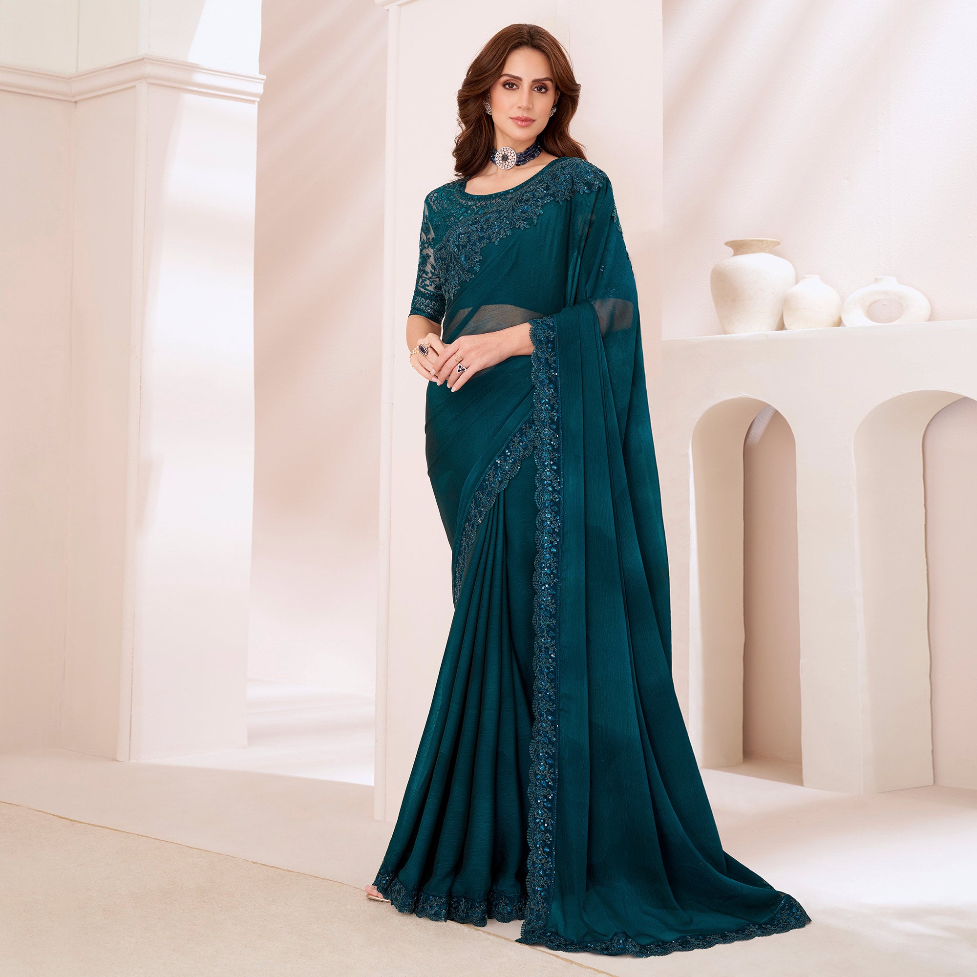Morpich Blue Embroidered Chiffon Saree