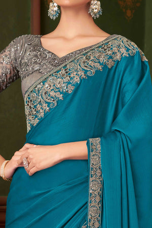 Teal Sequins Embroidered Chiffon Saree