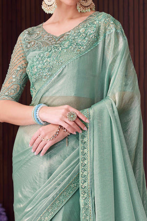 Sea Green Sequins Embroidered Chiffon Saree